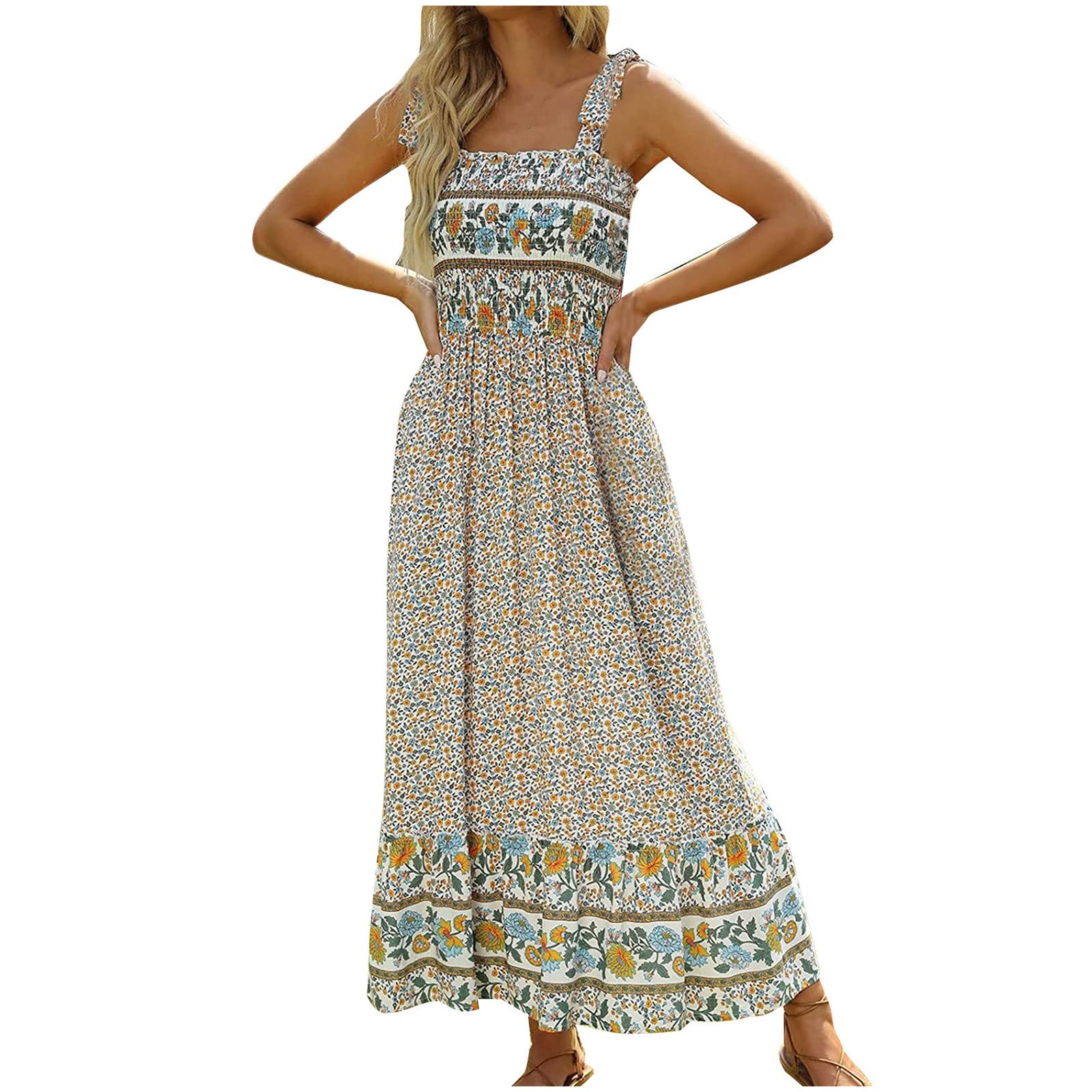 Women's Summer Casual Sleeveless Sun Dress with Shoulder Straps & Bowknot - Smocked Beach Maxi Dress, Boho Floral Flowy Dress for Vacation, Pool Party & Outdoor Activities