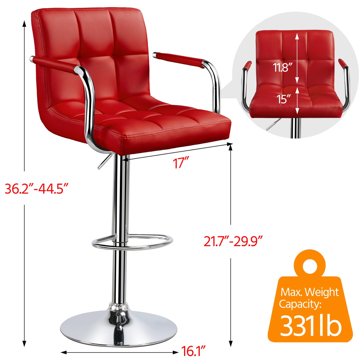 Yaheetech 2-Pack Adjustable Swivel Bar Stools with PU Leather Seat - Hydraulic Height Counter Stools with Armrest & Back Support - Perfect for Kitchen Island, Home Bar, Breakfast Nook & Dining Room - Red