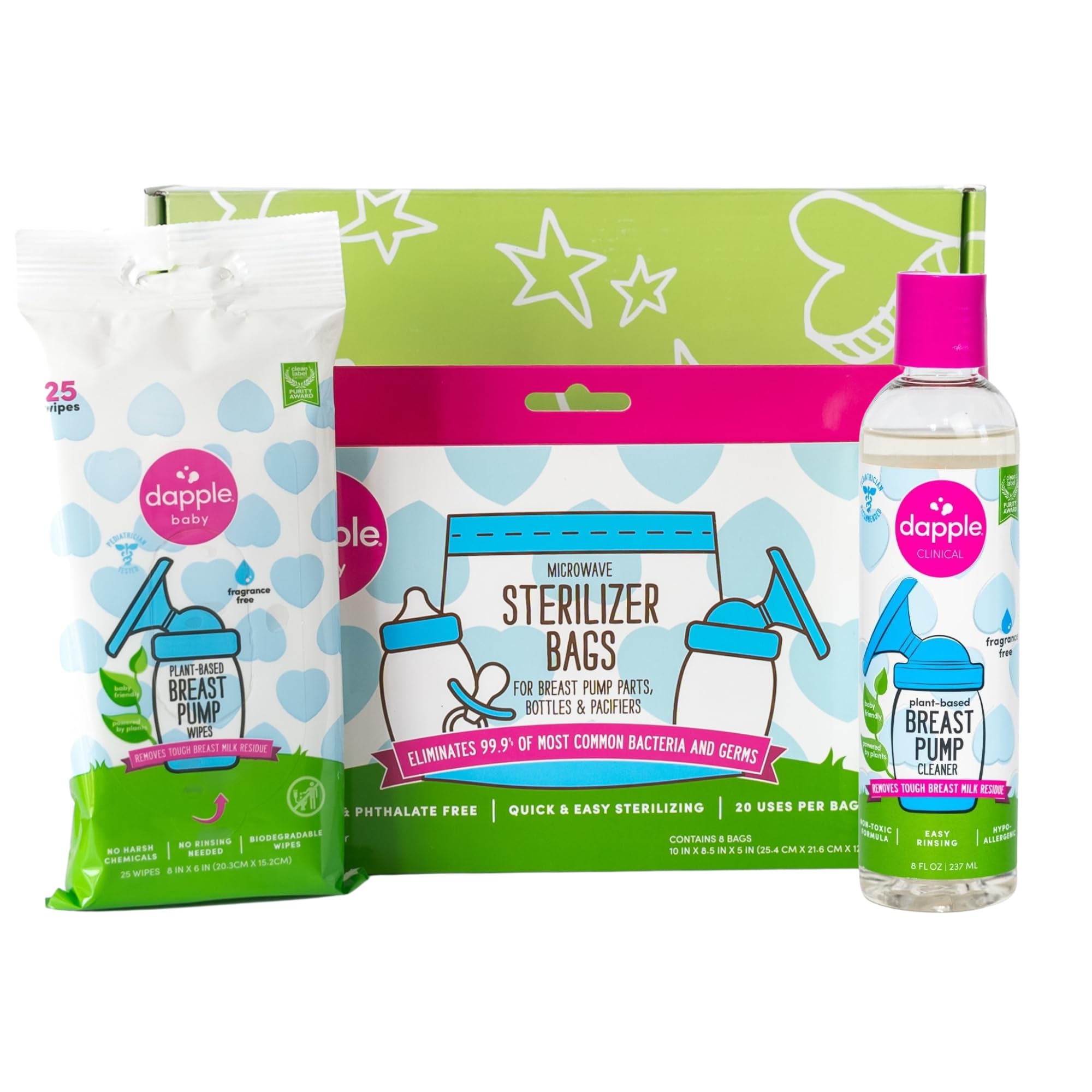 Dapple Breast Pump Cleaning Kit - Hypoallergenic, Plant-Based Wipes & Soap for Milk Residue Removal - 25 Cleaning Wipes, 8oz Soap & 8 Sterilizer Bags - Safe for Nursing Moms & Babies - Perfect for On-the-Go Pumping at Work or Travel