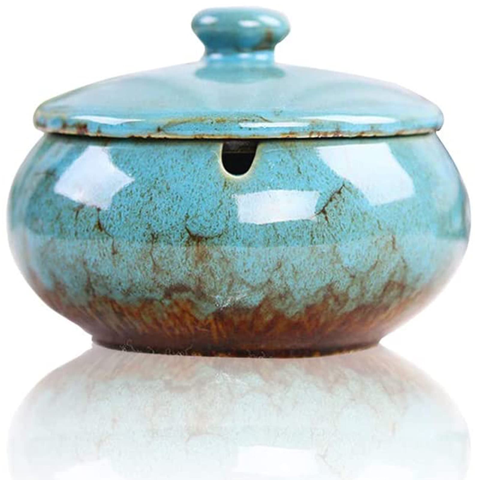 Premium Ceramic Cigarette Ashtray with Lid - Handmade Desktop Smoking Ash Holder for Home, Office, Indoor & Outdoor Use - Elegant Blue Decorative Accessory for Smokers, Patios, and Lounges