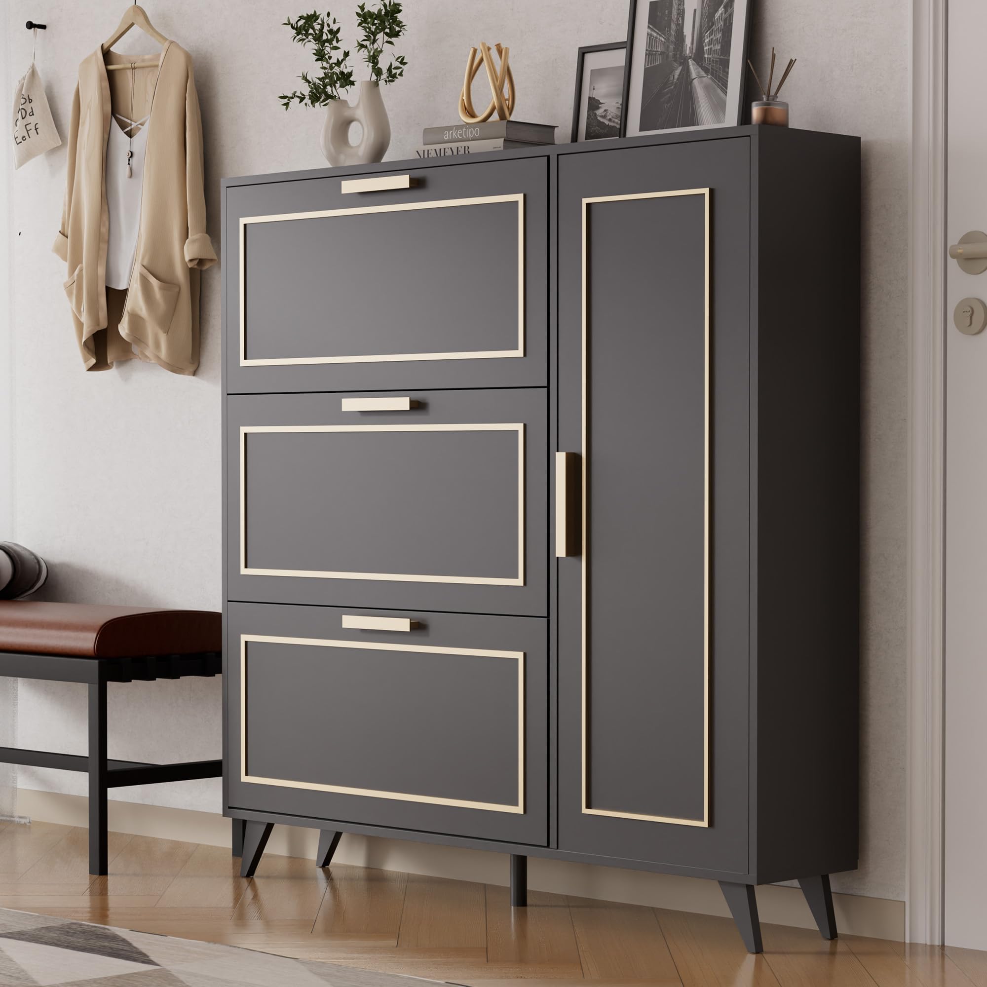 Cozy Castle Narrow Shoe Cabinet - Freestanding Hidden Shoe Storage with 3 Flip Drawers & Door Closure - Entryway Organizer for Small Spaces - Perfect for Apartments, Hallways & Closets - Black