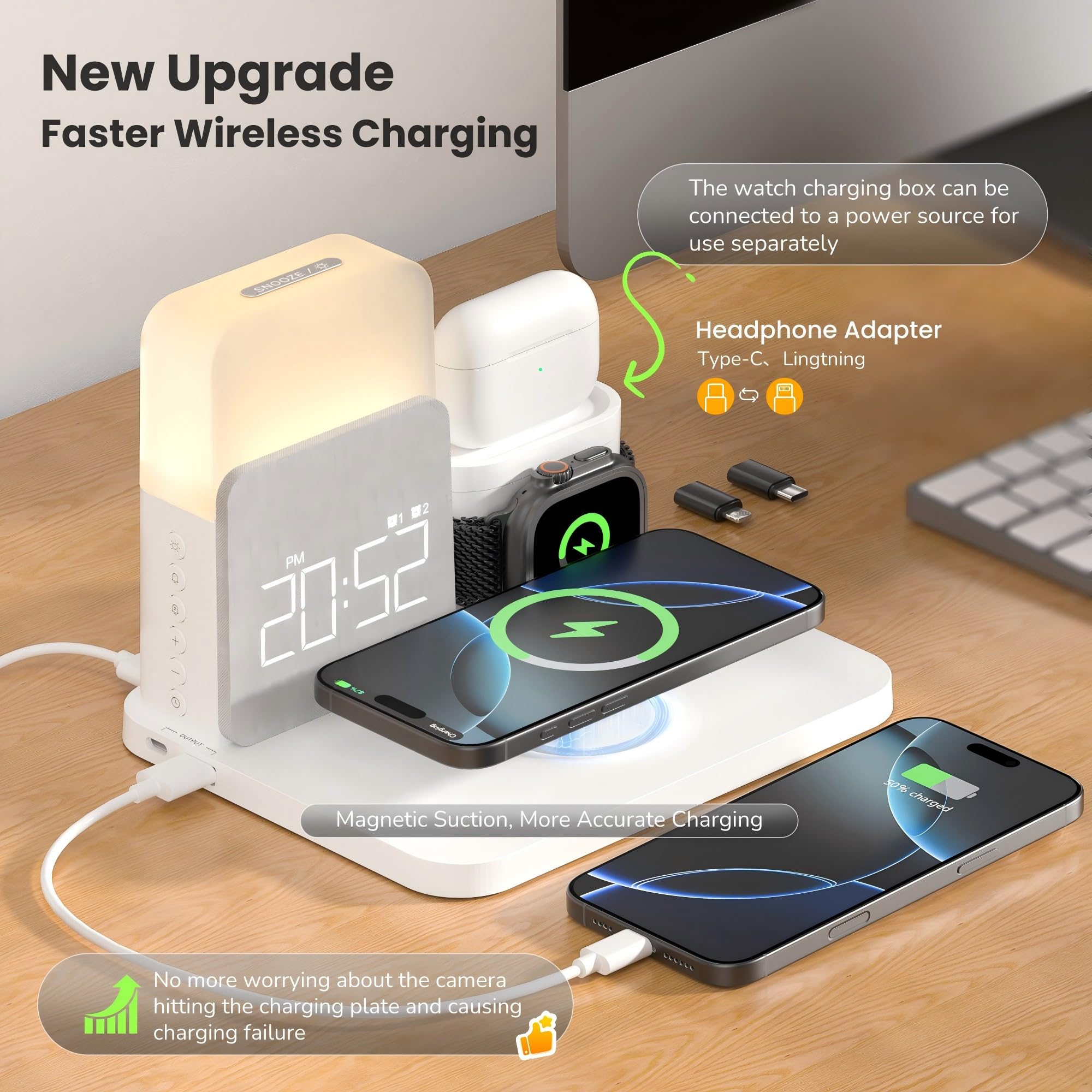 7-in-1 Wireless Charging Alarm Clock with MagSafe for iPhone 16/15/14/13/12 Pro Max - Bedside Charging Station with Night Light for Apple Watch & AirPods - Perfect for Bedroom, Office & Travel Use
