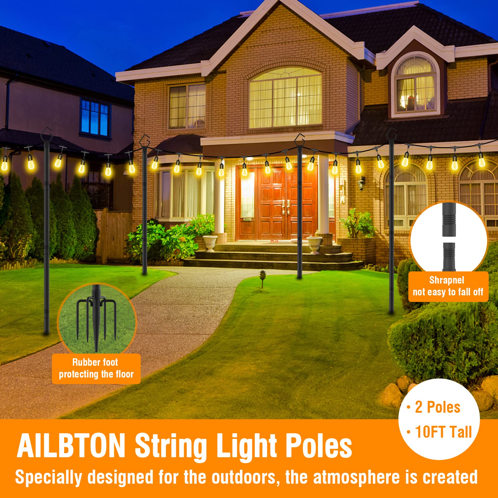 AILBTON 2 Pack 10Ft Outdoor String Light Poles with Fence Brackets - Heavy Duty Metal Stand for Hanging Patio Lights, Deck & Backyard Decor - Perfect for Garden Parties, Wedding Decorations & Outdoor Lighting