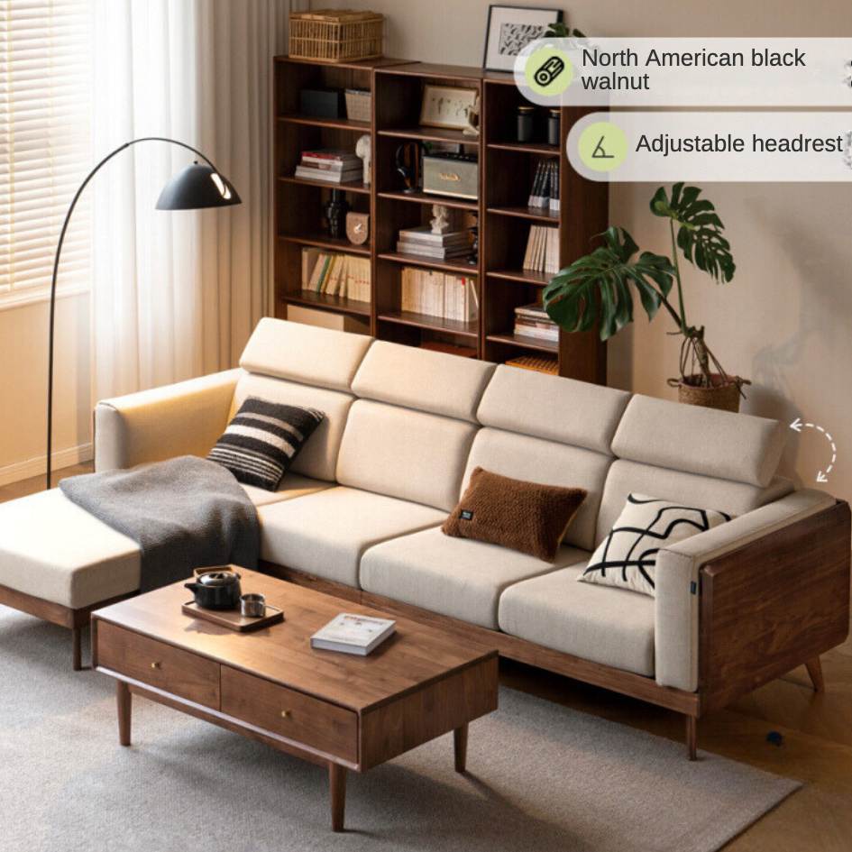 Premium Black Walnut & Ash Solid Wood Adjustable Headrest Sofa - Modern Living Room Furniture for Relaxation & Comfort