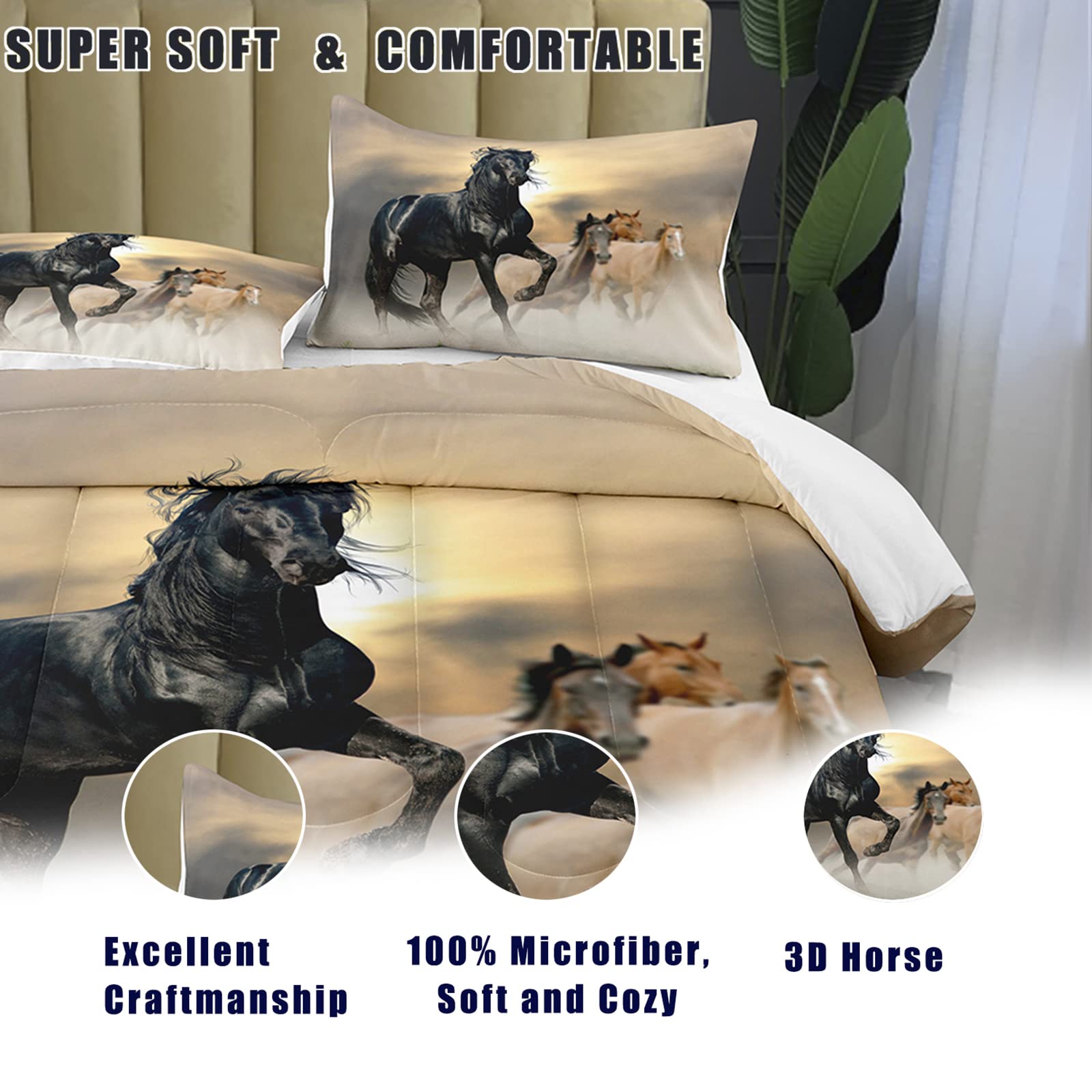 Bodhi Horse Comforter Set Queen Size - 3D Animal Print Bedding for Kids, Boys & Girls - Includes 1 Comforter + 2 Pillowcases - Perfect for Nursery, Kids Room & Sleepovers (#4001)