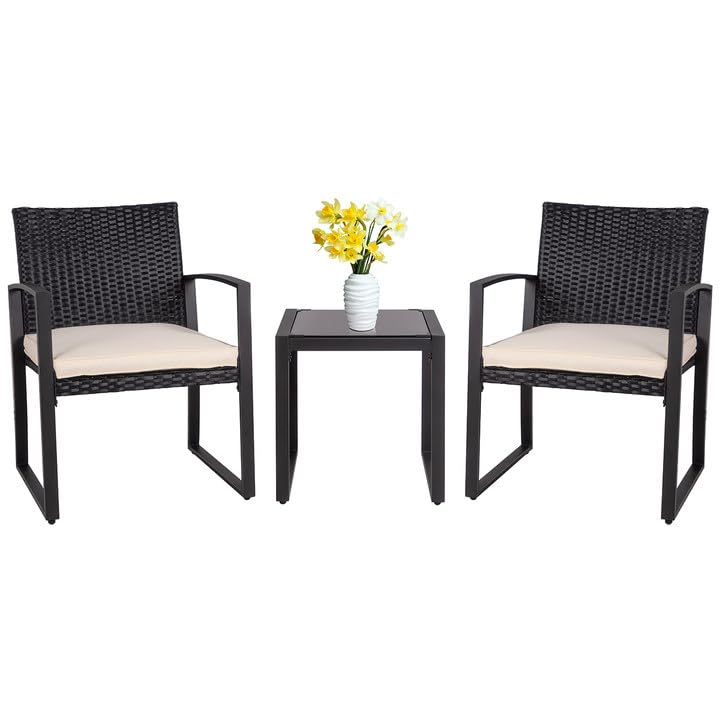 Modern Black Wicker Patio Furniture Set - 3 Piece Outdoor Bistro Set with Rattan Chairs & Coffee Table for Yard, Porch, Poolside - Durable Beige Wicker Conversation Set for Garden, Deck, and Backyard Relaxation
