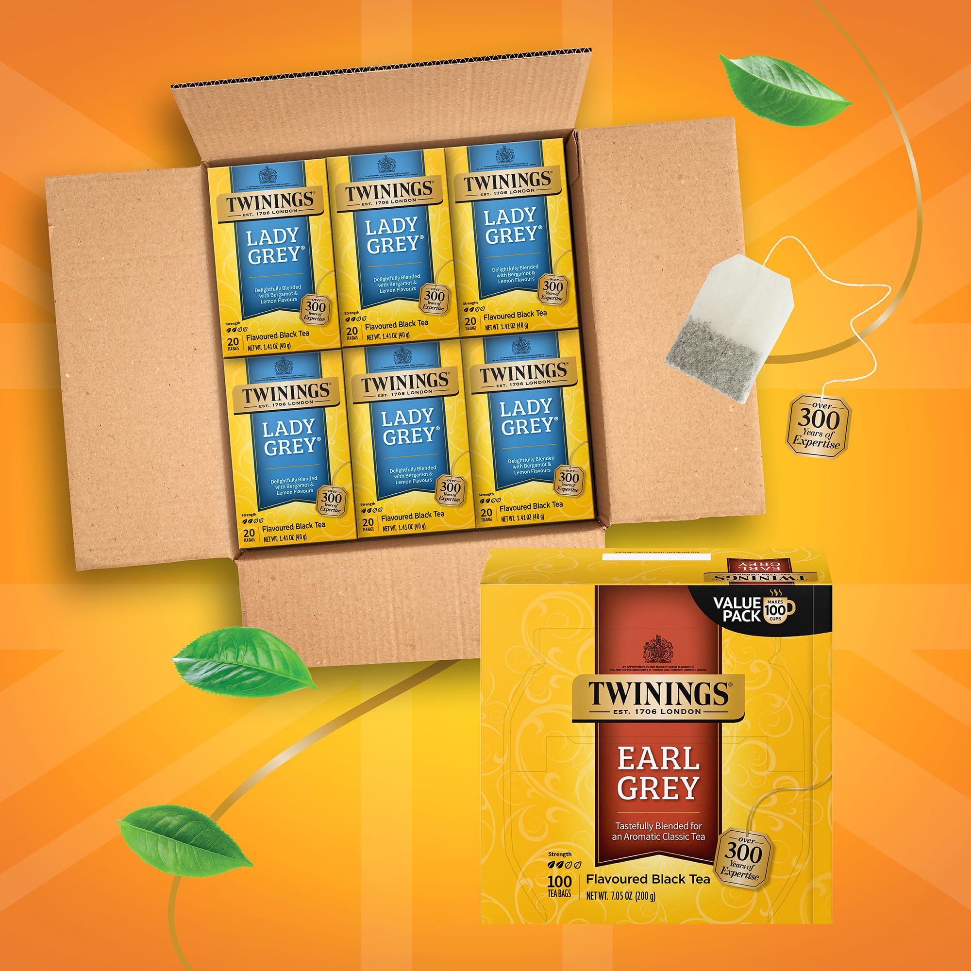 Twinings Lady Grey Black Tea Bags (20 Count, Pack of 6) & Earl Grey Tea Bags (100 Count) - Premium English Tea Blends for Afternoon Tea, Office Break or Relaxing at Home