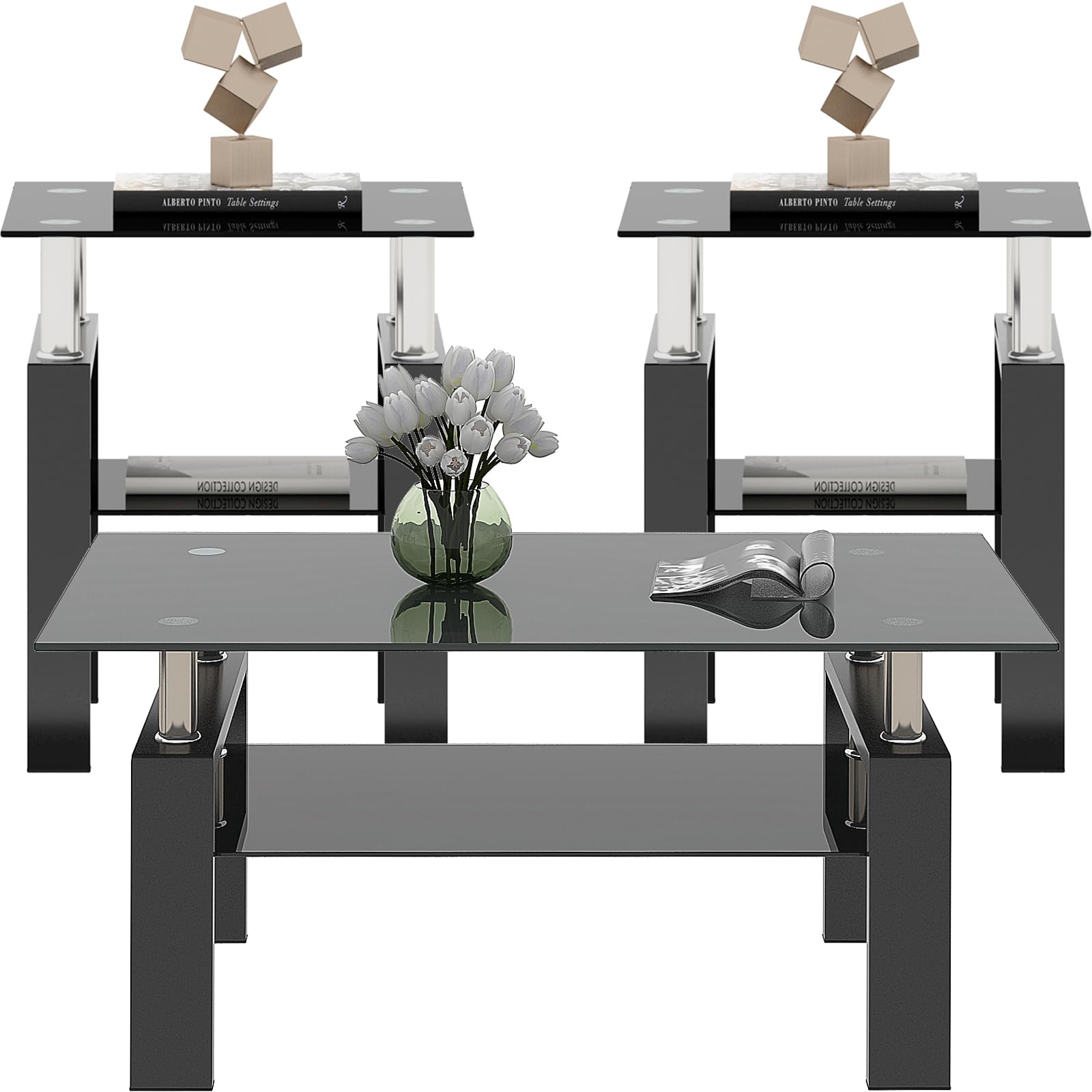 Modern Black Glass Coffee Table Set - 3 Piece Living Room Furniture with Metal Frame & Tempered Glass (1 Coffee Table + 2 End Tables) - Perfect for Small Spaces, Apartments, Home Offices - Ideal for Living Room Decor, Family Gatherings & TV Lounge Areas
