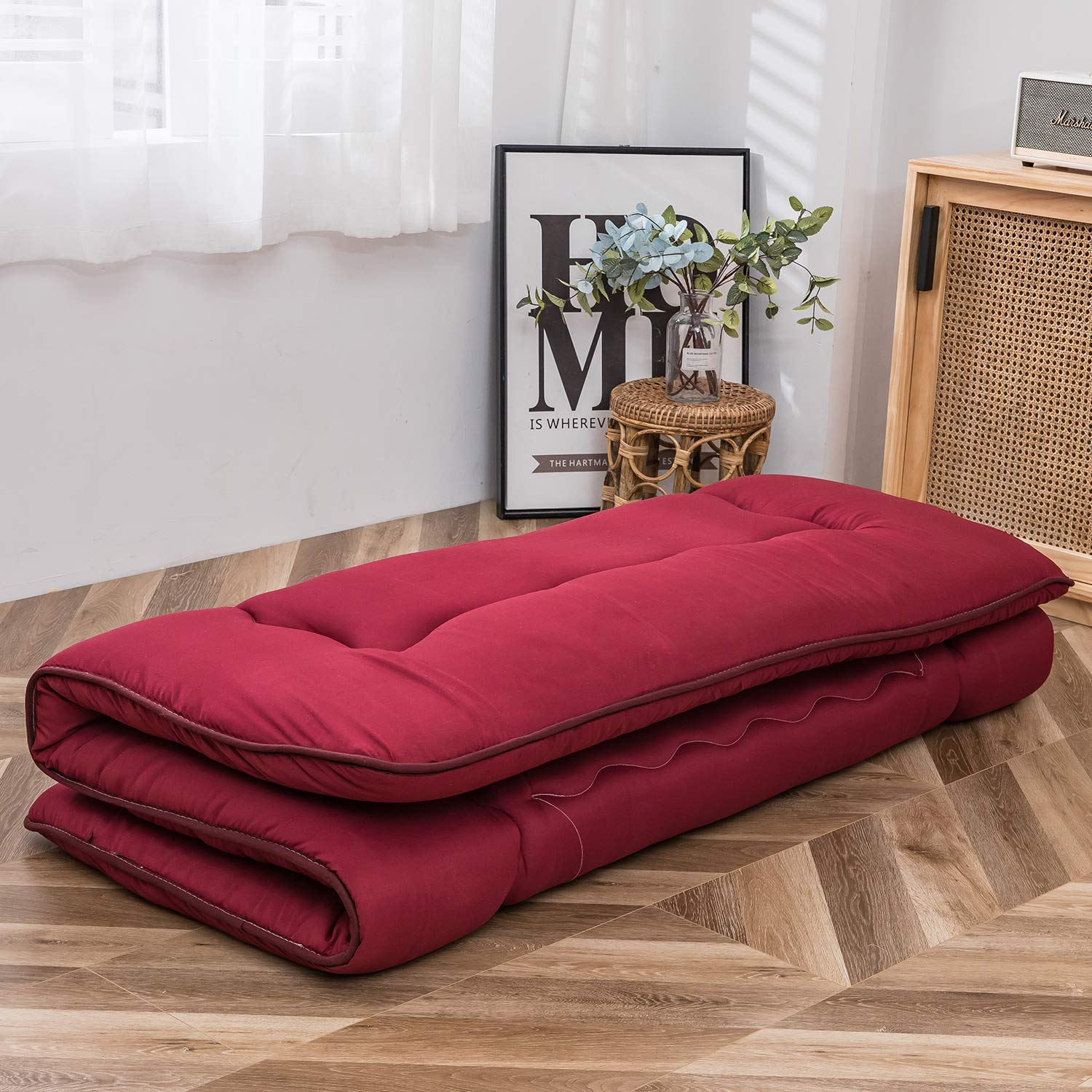 MAXYOYO Extra Thick Japanese Floor Futon Mattress - Burgundy Red | Comfortable Tatami Bedding for Guest Room, Small Space & Meditation