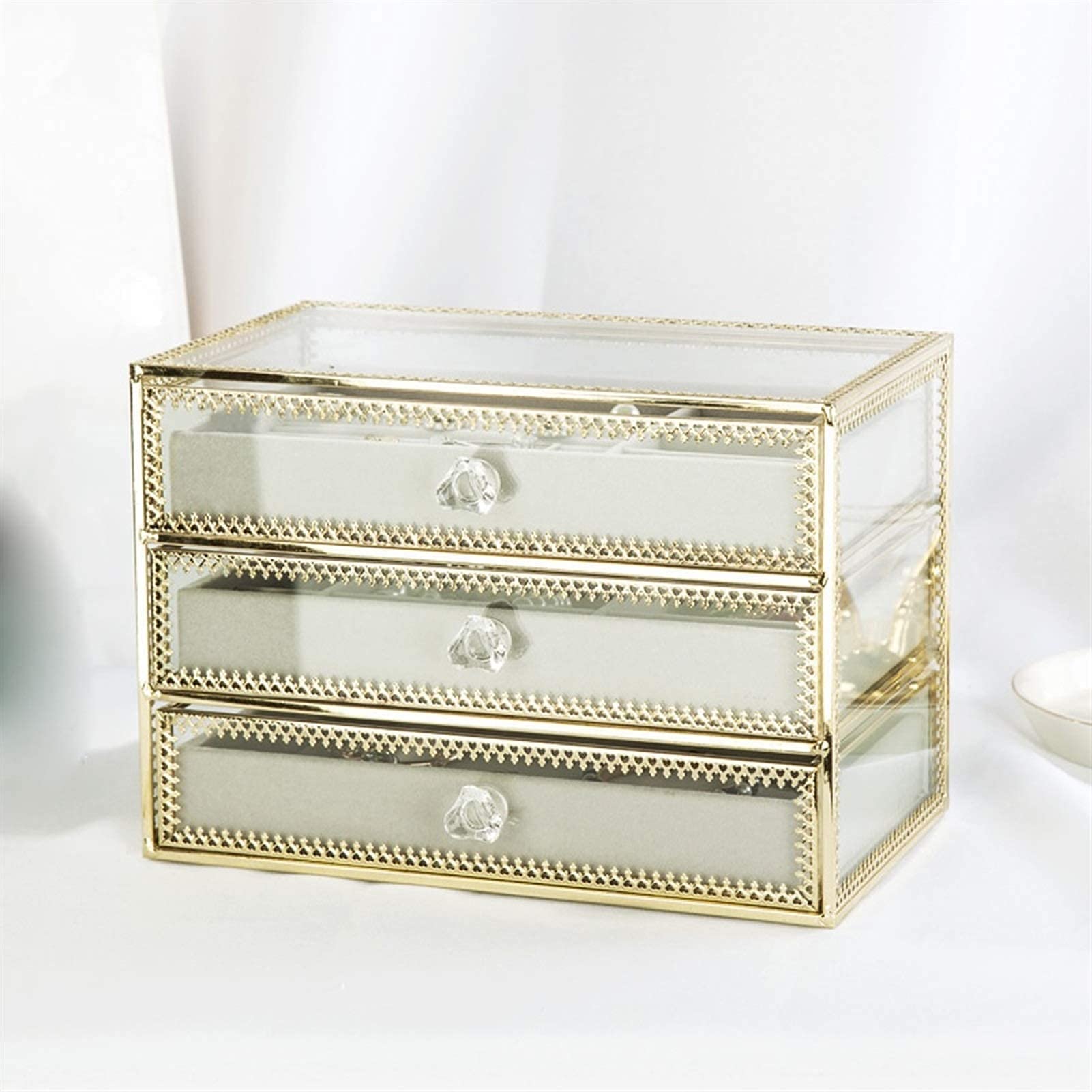 3-Drawer Velvet Jewelry Organizer Box with Glass Top - Ring, Earring, Necklace & Bracelet Storage Case - Elegant Jewelry Display & Gift for Women - Perfect for Bedroom, Vanity & Travel