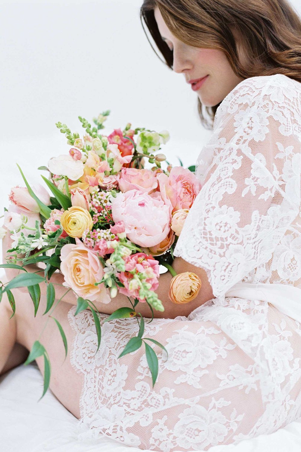 Ivory French Lace Kimono Robe for Women - Elegant Floral Loungewear & Bridal Nightgown - Perfect for Spa, Honeymoon and Boudoir Photography