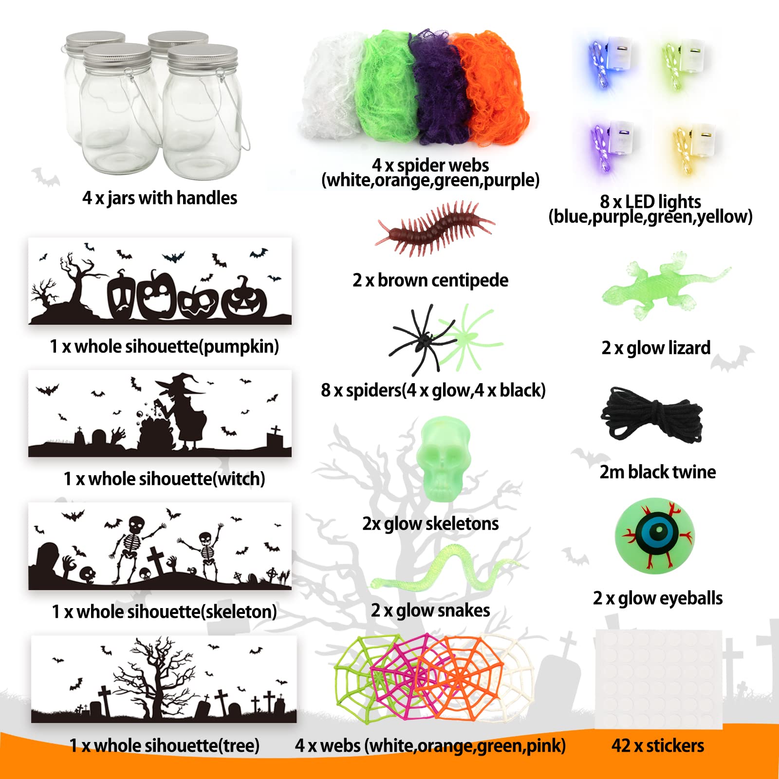 Halloween Craft Kit for Kids - DIY Lantern Jar with 4 Glass Mason Jars & Accessories - Halloween Party Supplies for Art Activities, Classroom Projects & Spooky Decorations