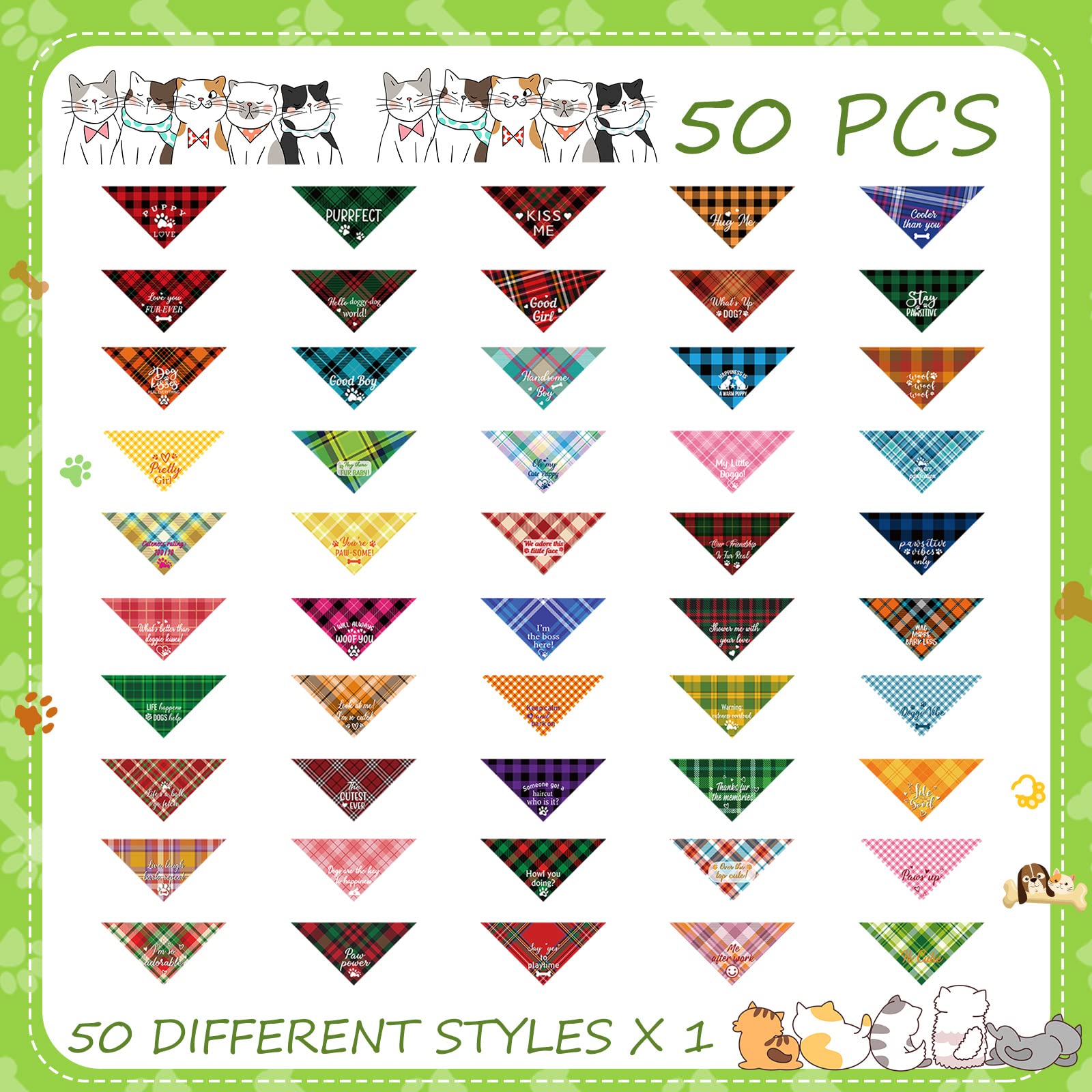 50 Pcs Plaid Dog Bandanas Bulk - Cute Adjustable Pet Bandanas for Small to Medium Dogs & Cats - Washable Triangle Scarf Bibs with Fun Captions - Perfect for Holidays, Birthdays & Daily Pet Fashion Accessories