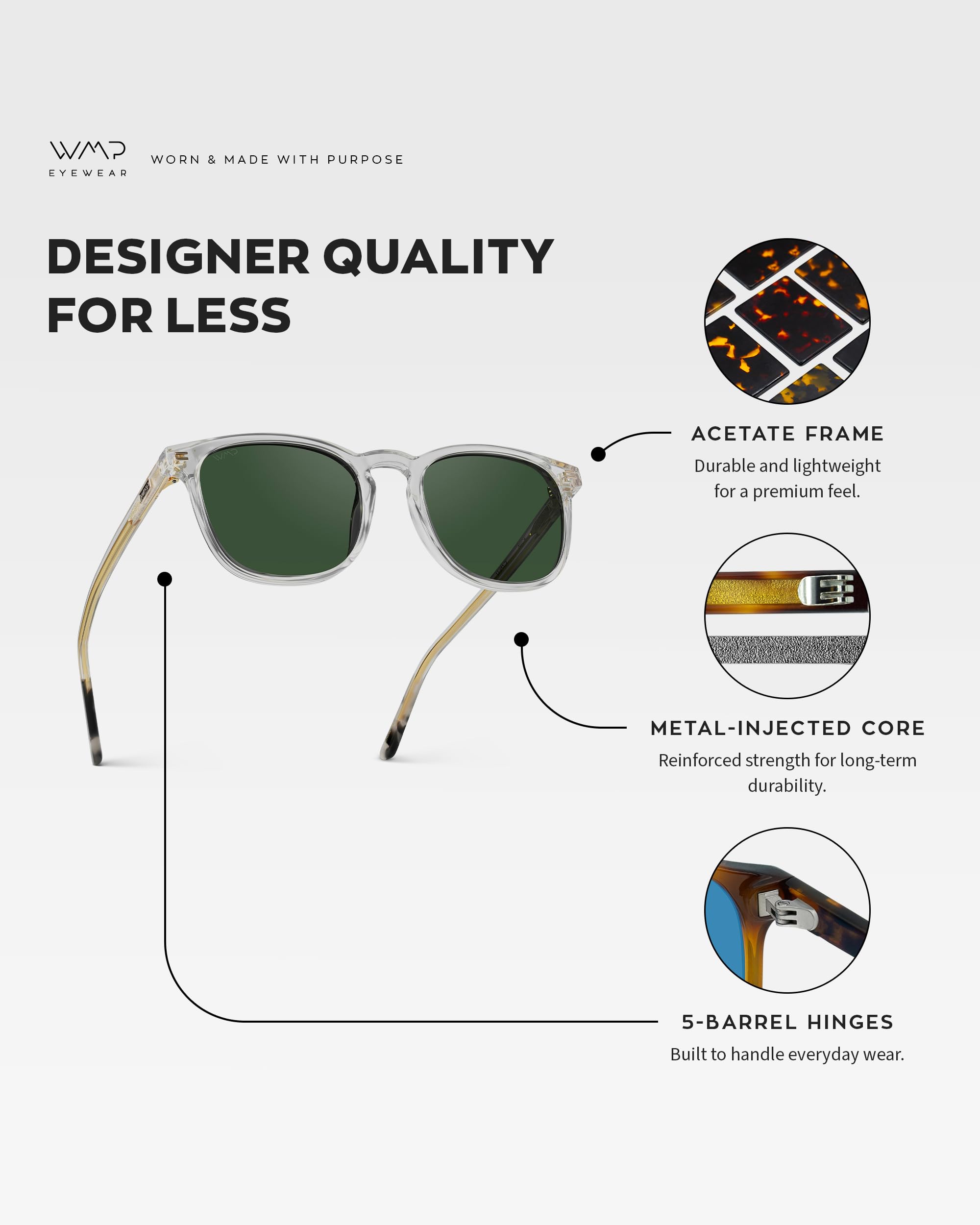 WMP Eyewear - Polarized Square Sunglasses for Men, UV Protection, Lightweight & Stylish - Perfect for Driving, Outdoor Sports & Beach Vacations