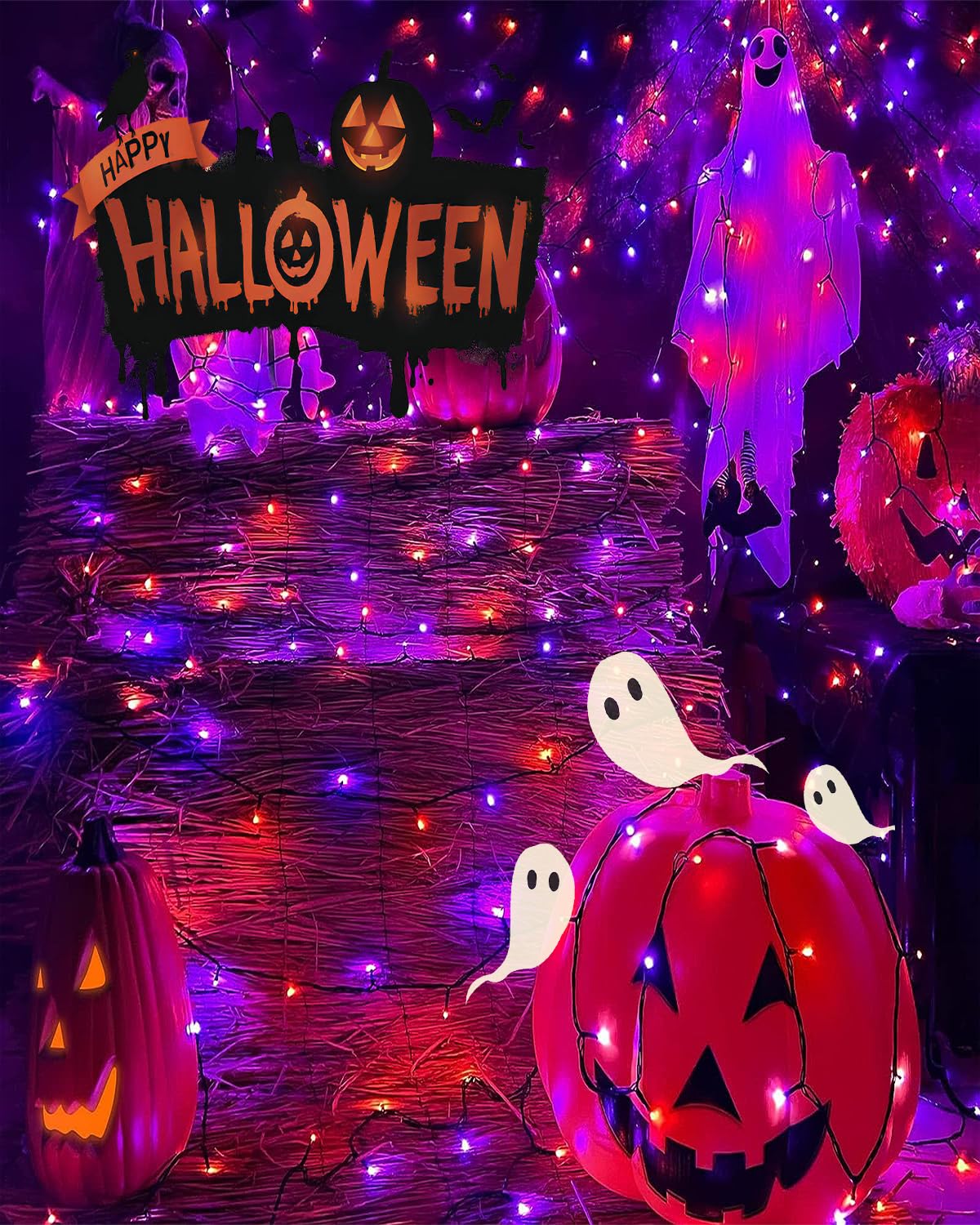 Orange & Purple Solar Halloween Lights - Waterproof Outdoor Decor with 8 Lighting Modes for Party, Patio, Garden, Tree & Yard - Perfect for Spooky Halloween Nights & Outdoor Gatherings