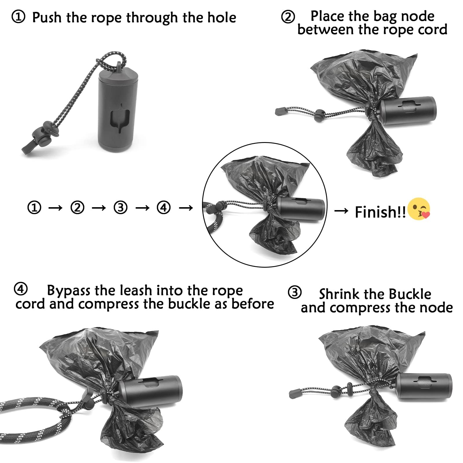 Durable Aluminum Dog Poop Bag Holder with Carabiner Clip - Metal Pet Waste Dispenser with Hook & Loop Fastener, Elastic Cord & 15 Waste Bags Included (Black) - Perfect for Walking, Hiking & Outdoor Adventures with Your Dog