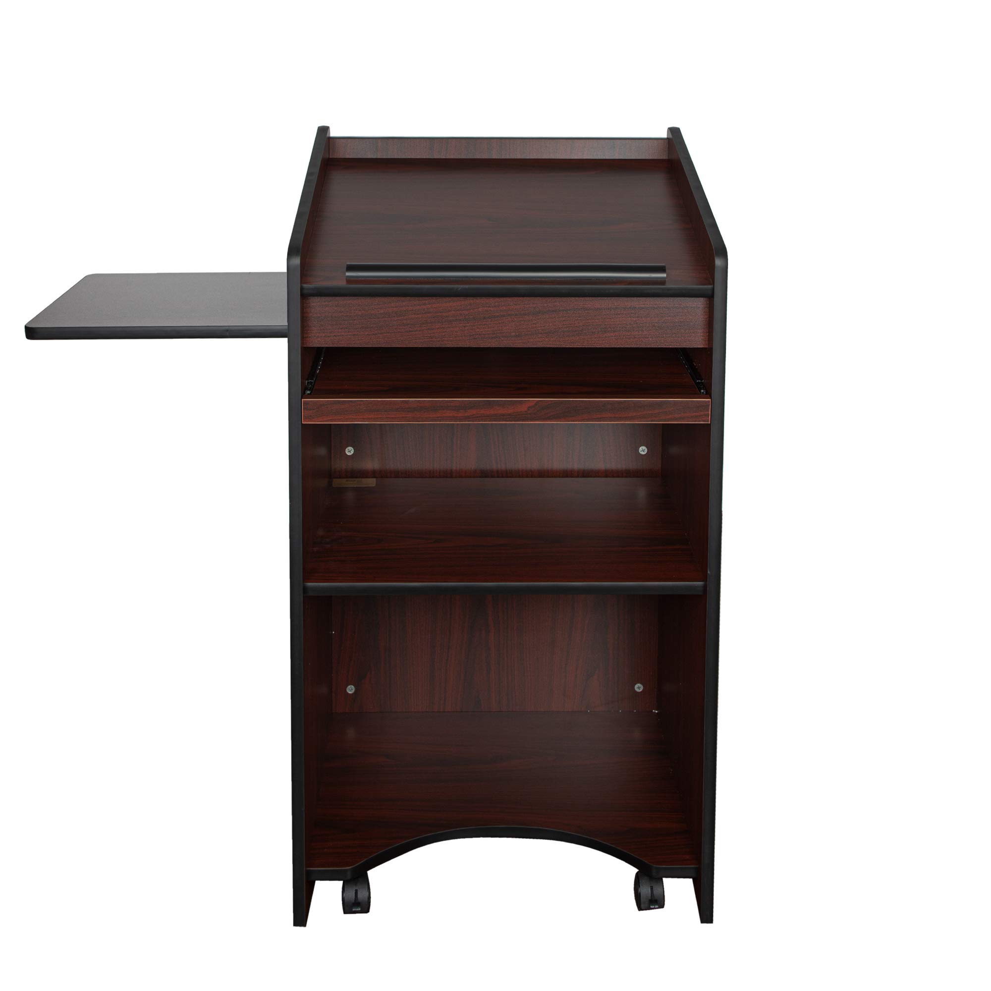 OEF Furnishings Mobile Floor Lectern with Side Shelf & Keyboard Tray - Adjustable Height Mahogany Wood Podium for Church, Classroom, or Home Office Use