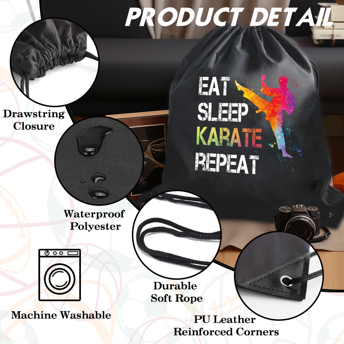 Eat Sleep Karate Repeat Drawstring Backpack - Waterproof Sports Sackpack for Karate Lovers - Funny Birthday Christmas Gift for Men & Women - Perfect for Gym, Martial Arts Training & Travel Accessories