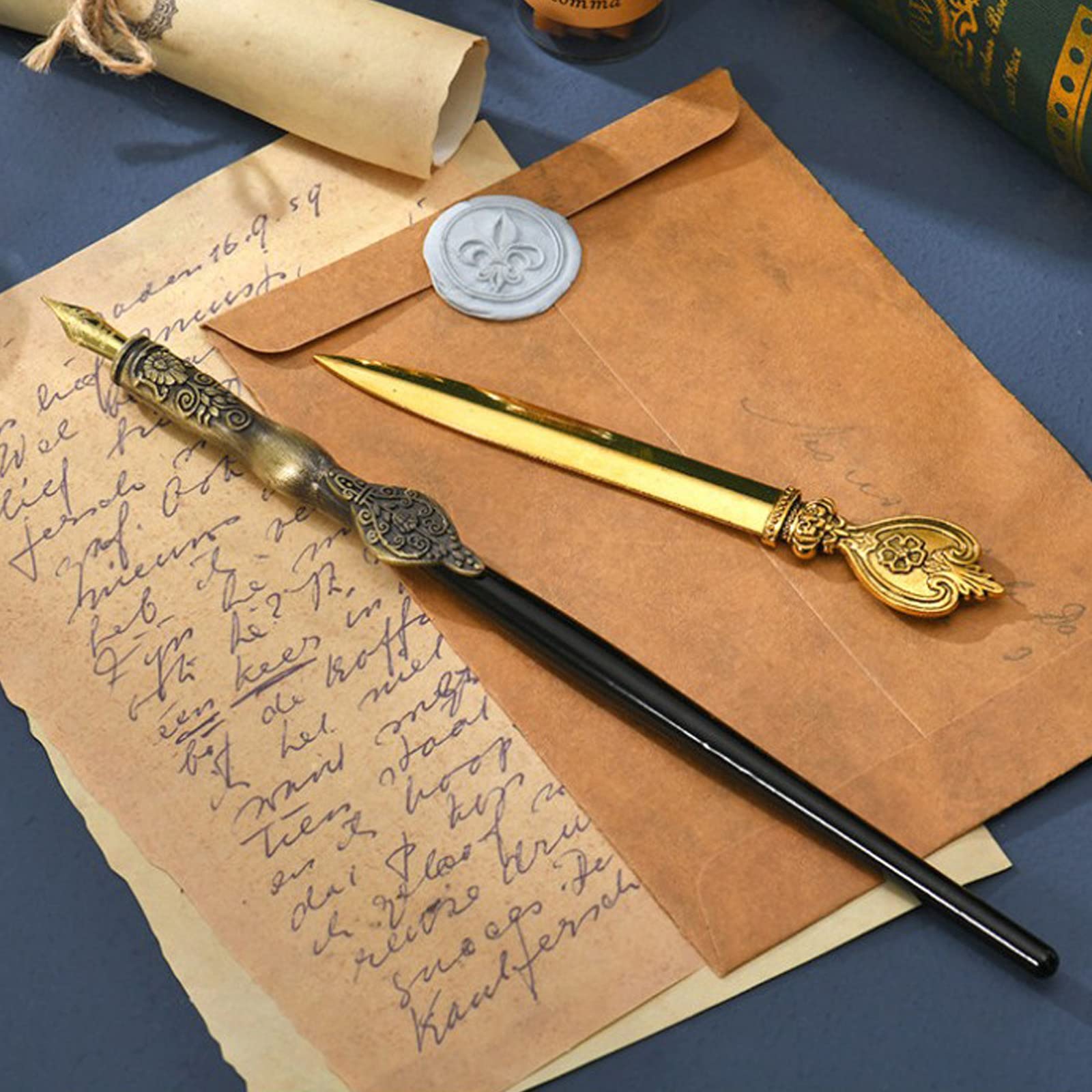 Premium Gold Calligraphy Pen Set with Ink - Wooden Fountain Pen, Sealing Wax Beads, Tea Candle, Glass Cup, Letter Opener & Wax Seal Spoon - Elegant Gift Box for Teachers, Women | Perfect for Wedding Invitations, Thank You Cards & Handwritten Letters