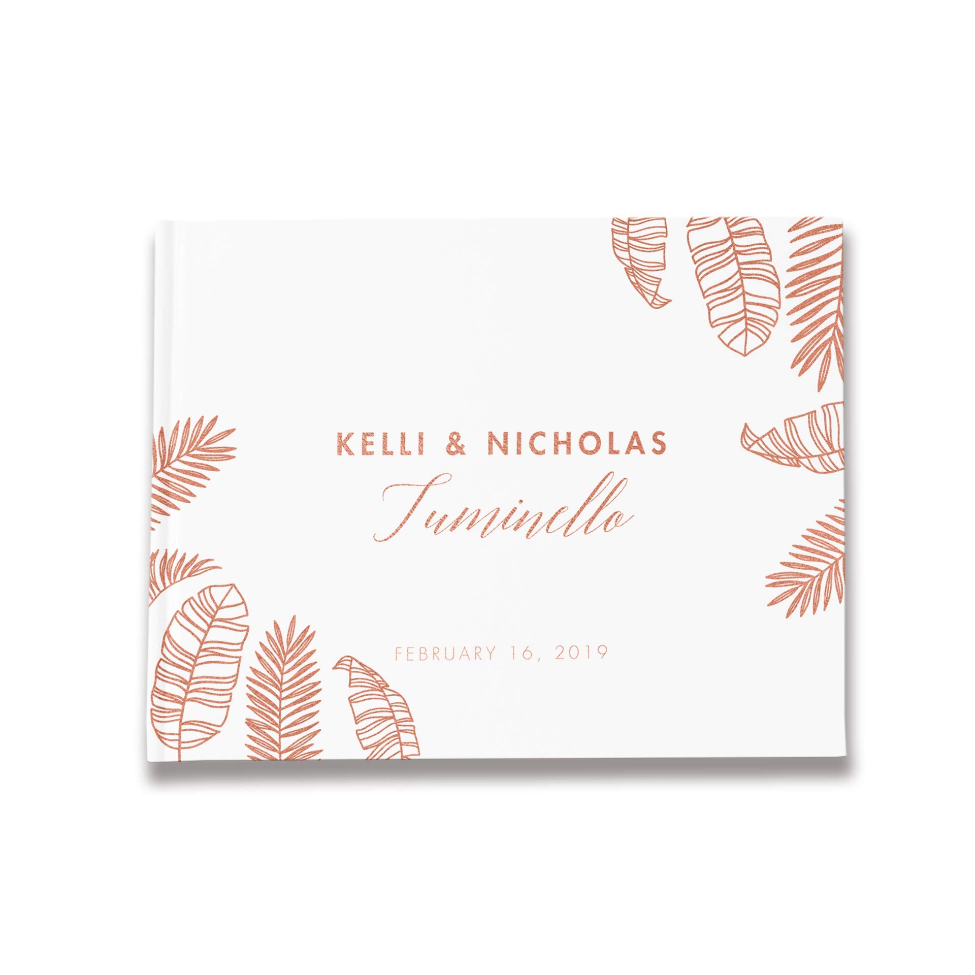 Elegant Rose Gold Wedding Guest Book with Tropical Palm Tree Design - Perfect for Beach, Destination & Boho Weddings