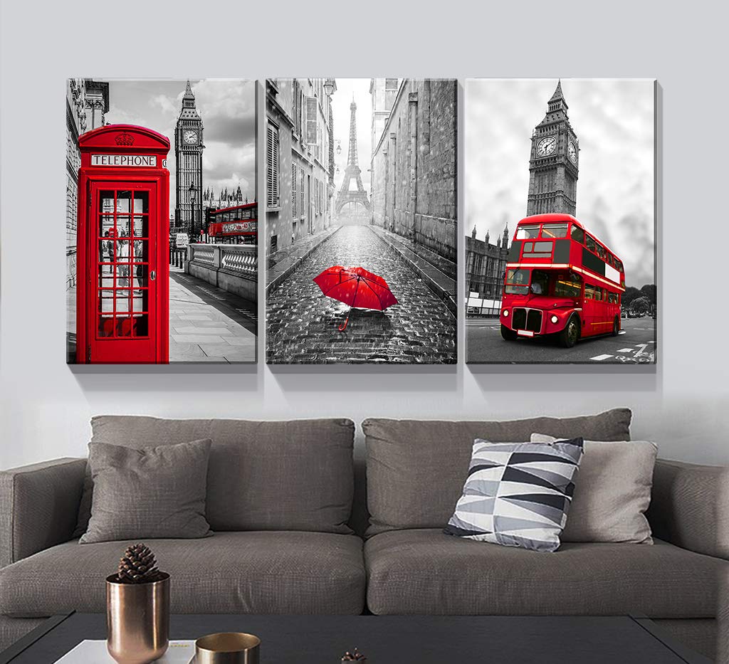 Denozer - 3 Panel Modern Black and White Urban Canvas Wall Art - Stretched & Framed Ready to Hang - 24