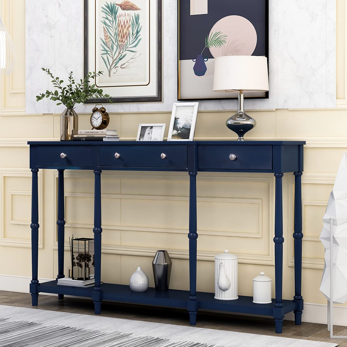 Fuara Solid Wood Console Table - Classic Entryway Table with Storage Shelf & Drawer | Navy Blue Hallway Furniture for Home Decor | Perfect for Foyer, Living Room or Bedroom Organization