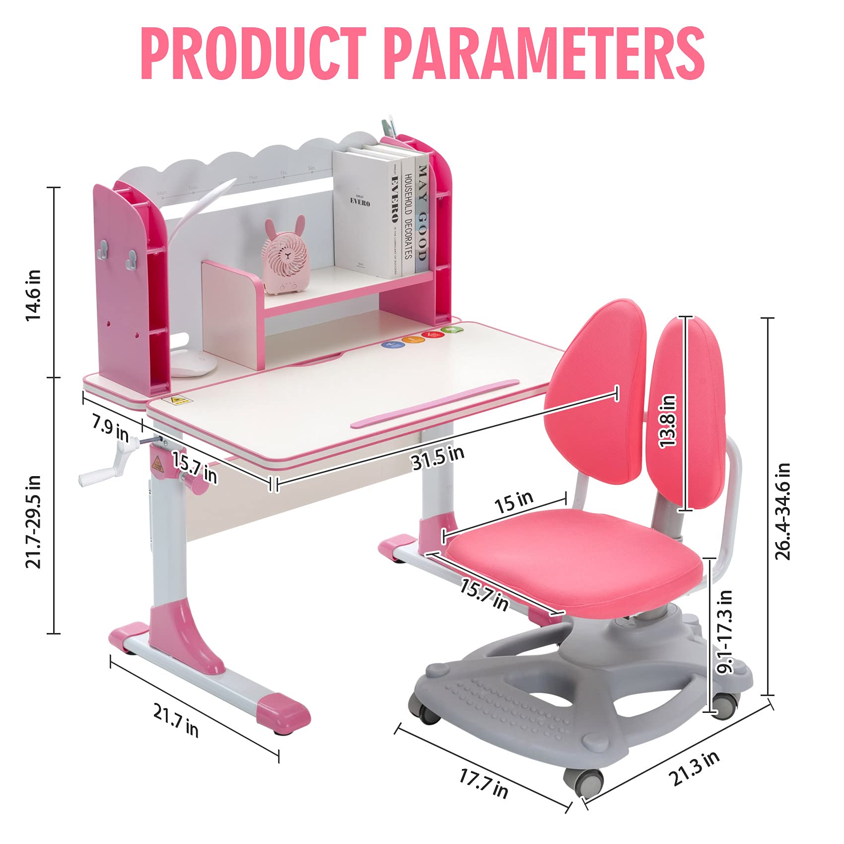 UNICOO Kids Desk and Chair Set - Adjustable Height Study Desk with Bookshelf, Ergonomic Chair for Children, Pink (DJZ-05-PK) - Perfect for Homeschooling, Online Learning & Bedroom Study Space