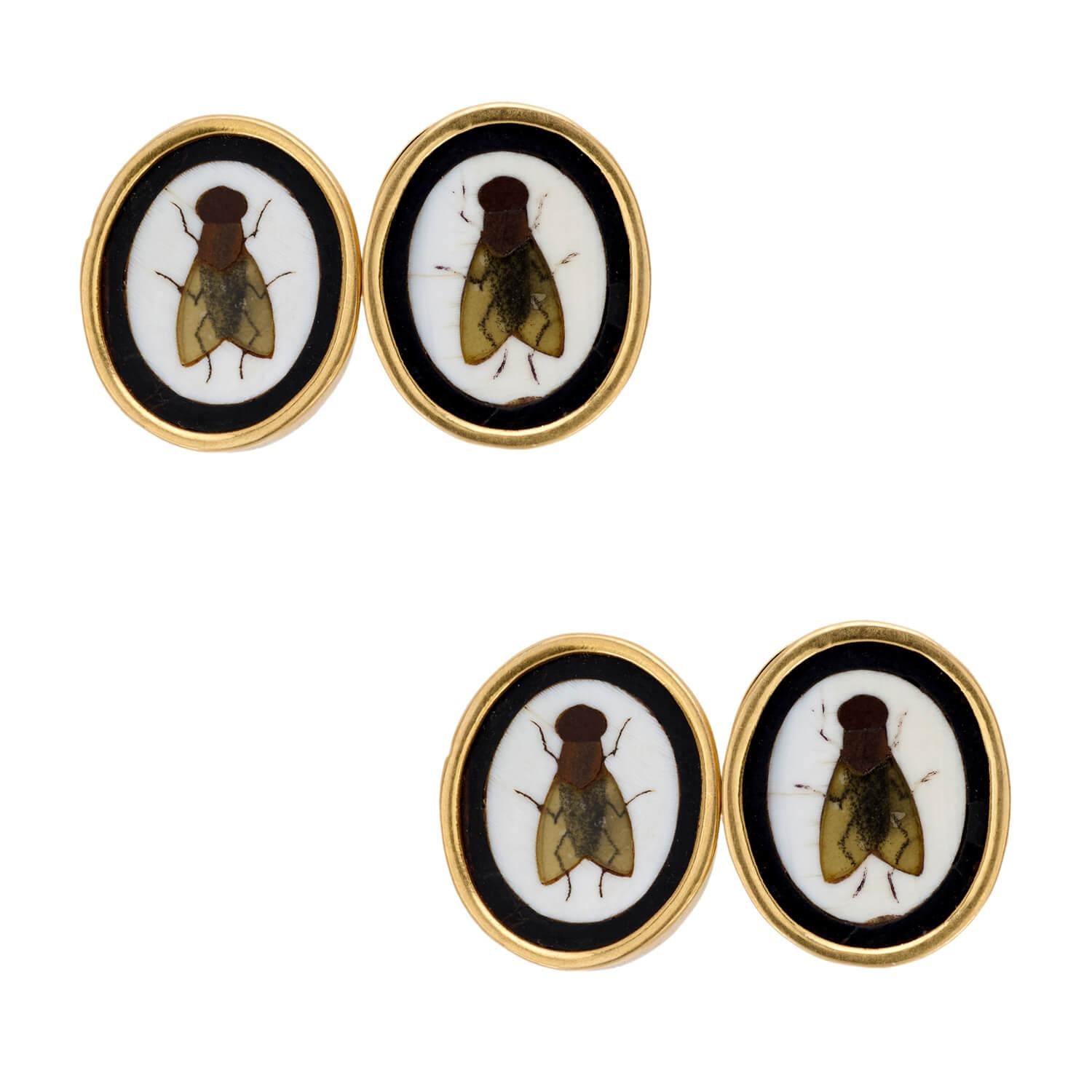 Exquisite Victorian 18K Gold Pietra Dura Fly Motif Cufflinks for Men - Luxury Jewelry Gift for Weddings & Formal Events