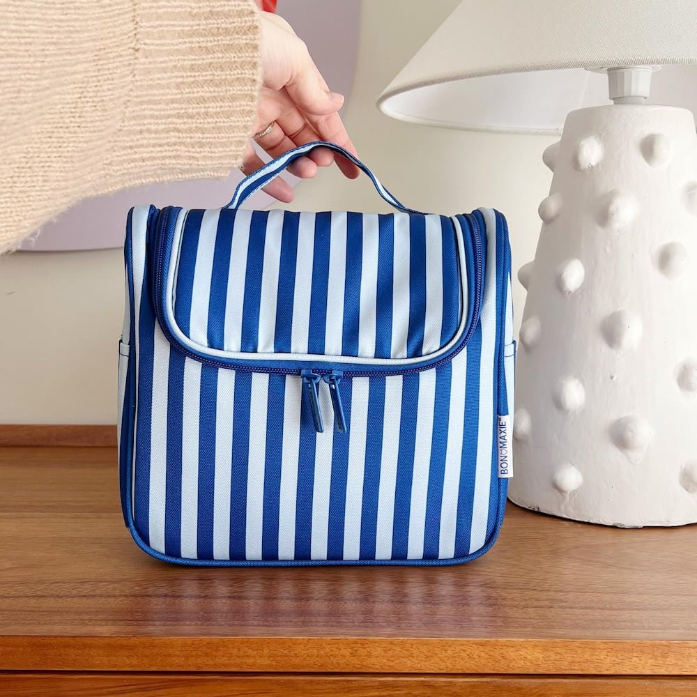 Bon Voyage Travel Toiletry Bag - Waterproof Hanging Cosmetic Organizer with Blue Stripes Design | Perfect for Vacation, Camping & Business Trips