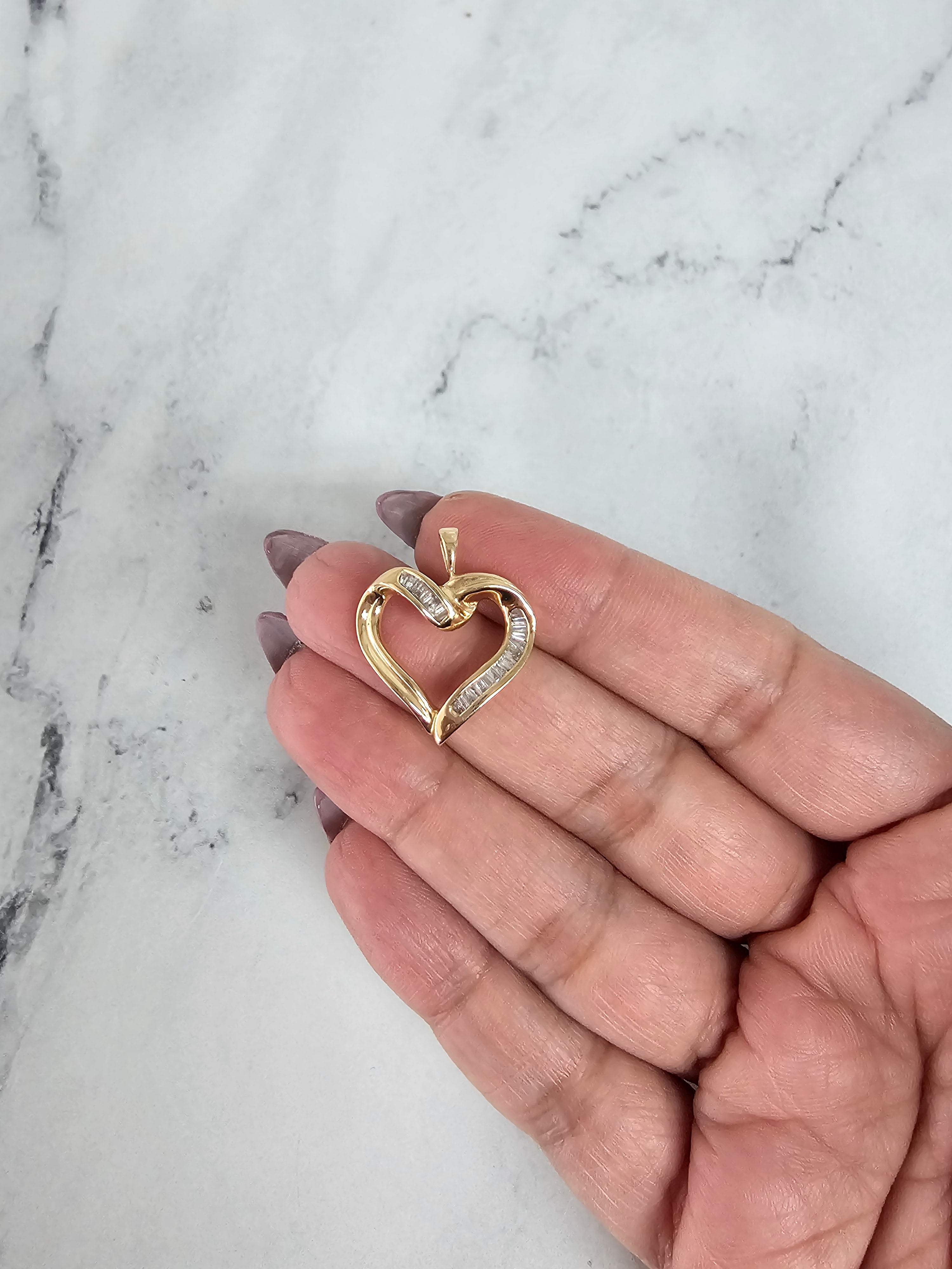 14K Yellow Gold Baguette Heart Shaped Diamond Necklace - Elegant Valentine's Gift for Her, Anniversary Jewelry, Romantic Proposal Present