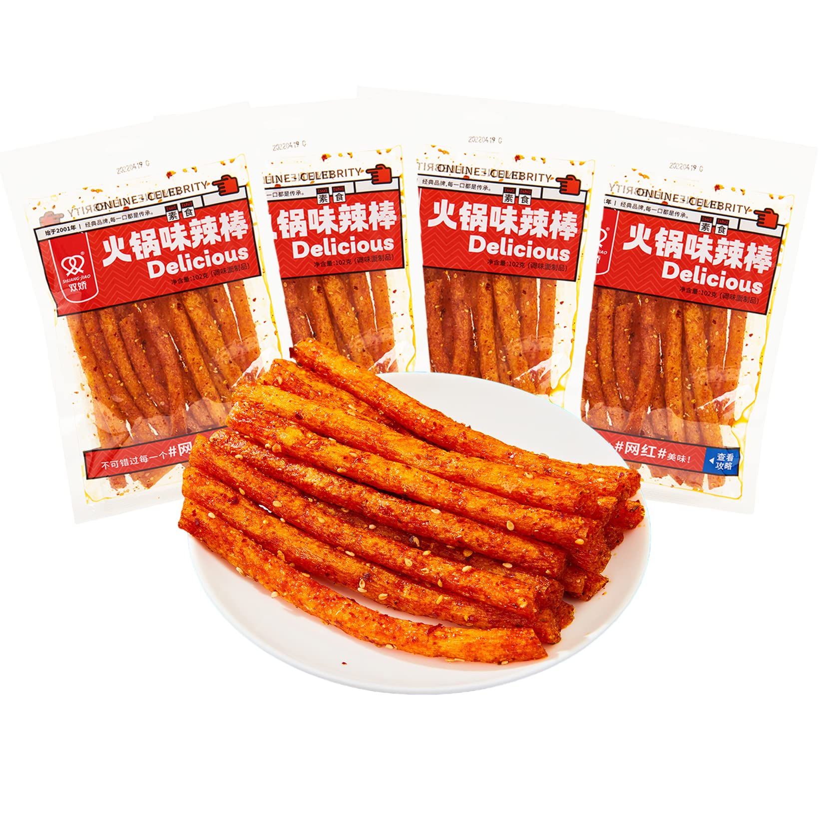 Hot & Spicy Chinese Latiao Snacks - 4 Pack (98g Each) - Authentic Mala Sticks for Parties, Movie Nights & Asian Food Lovers