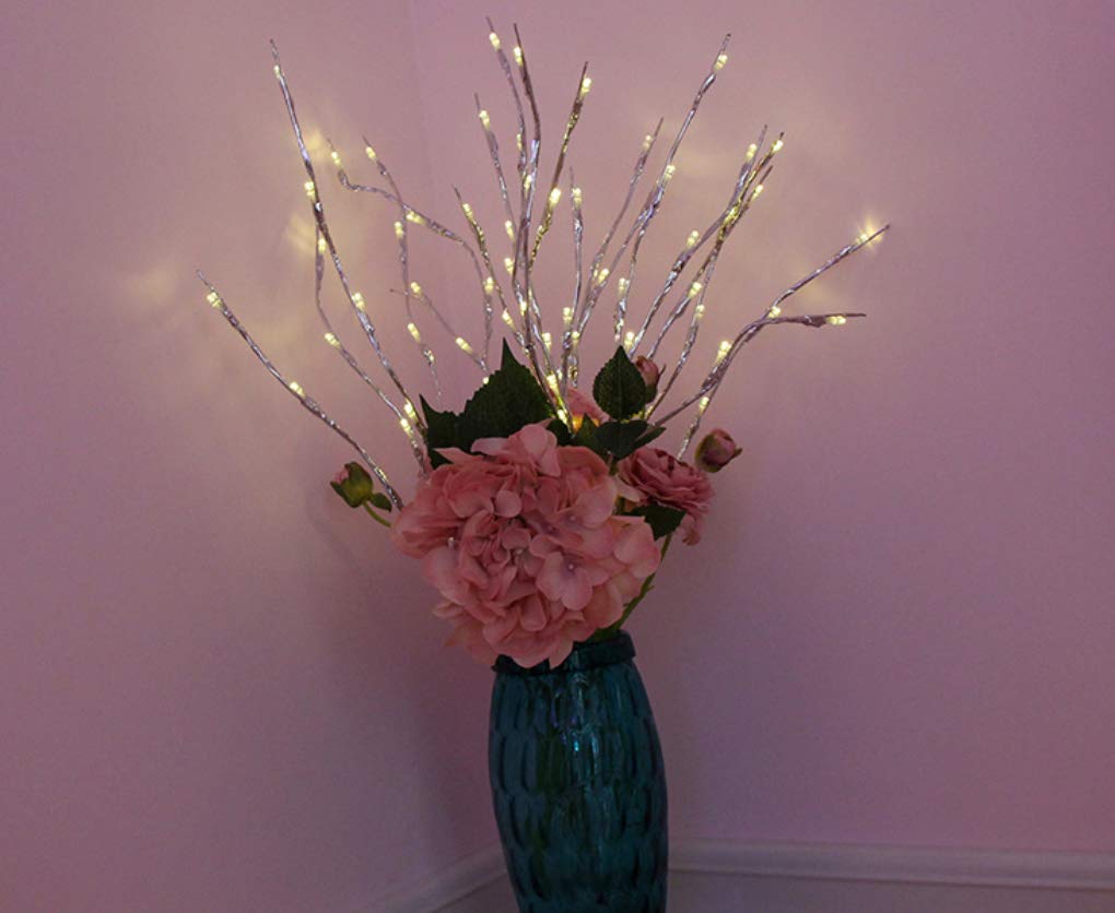 2 Pack LED Lighted Silver Twig Branches - 20 Warm White Battery Powered Decorative Lights for Christmas, Home, Garden, Party & Wedding Decor | Indoor & Outdoor Holiday Decorations