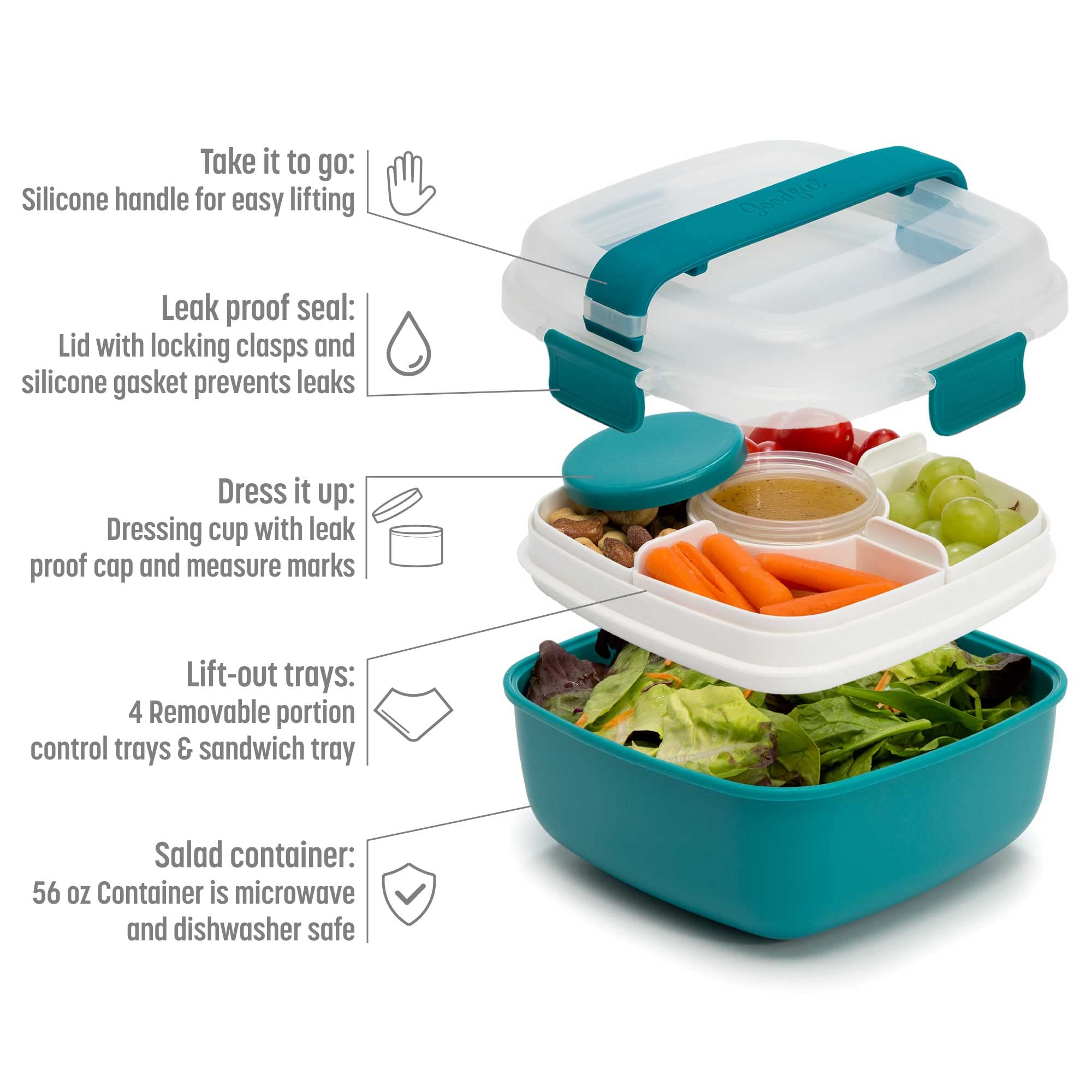Goodful Stackable Bento Lunch Box - 56oz Leak-Proof Food Storage Container with Removable Compartments | BPA-Free Meal Prep for Sandwiches, Snacks & Salad Toppings | Perfect for Office, School & Picnics