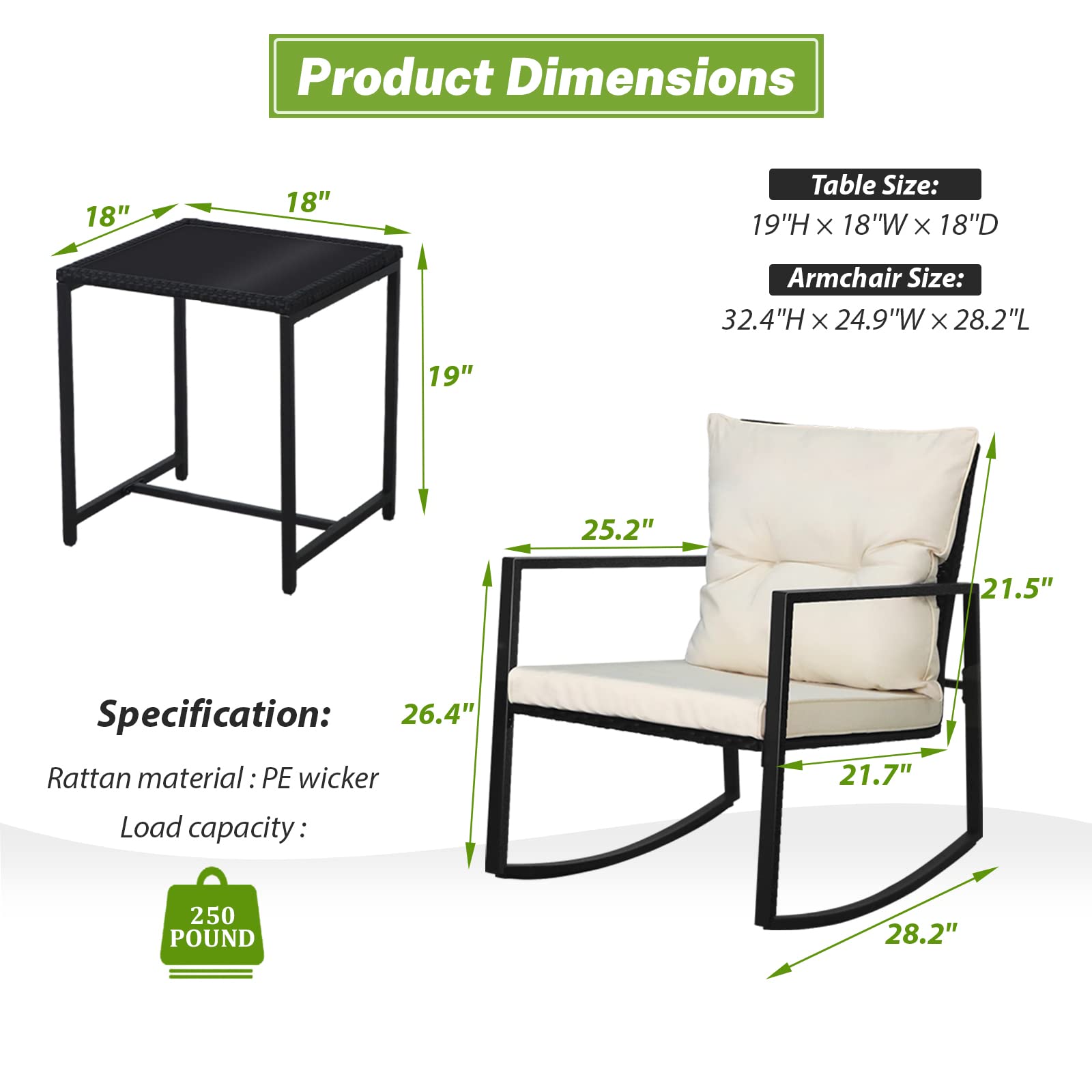SUNCROWN 3-Piece Outdoor Rocking Bistro Set - Black Wicker Patio Furniture with Glass Coffee Table, Beige Cushions - Perfect for Porch, Garden, and Backyard Relaxation