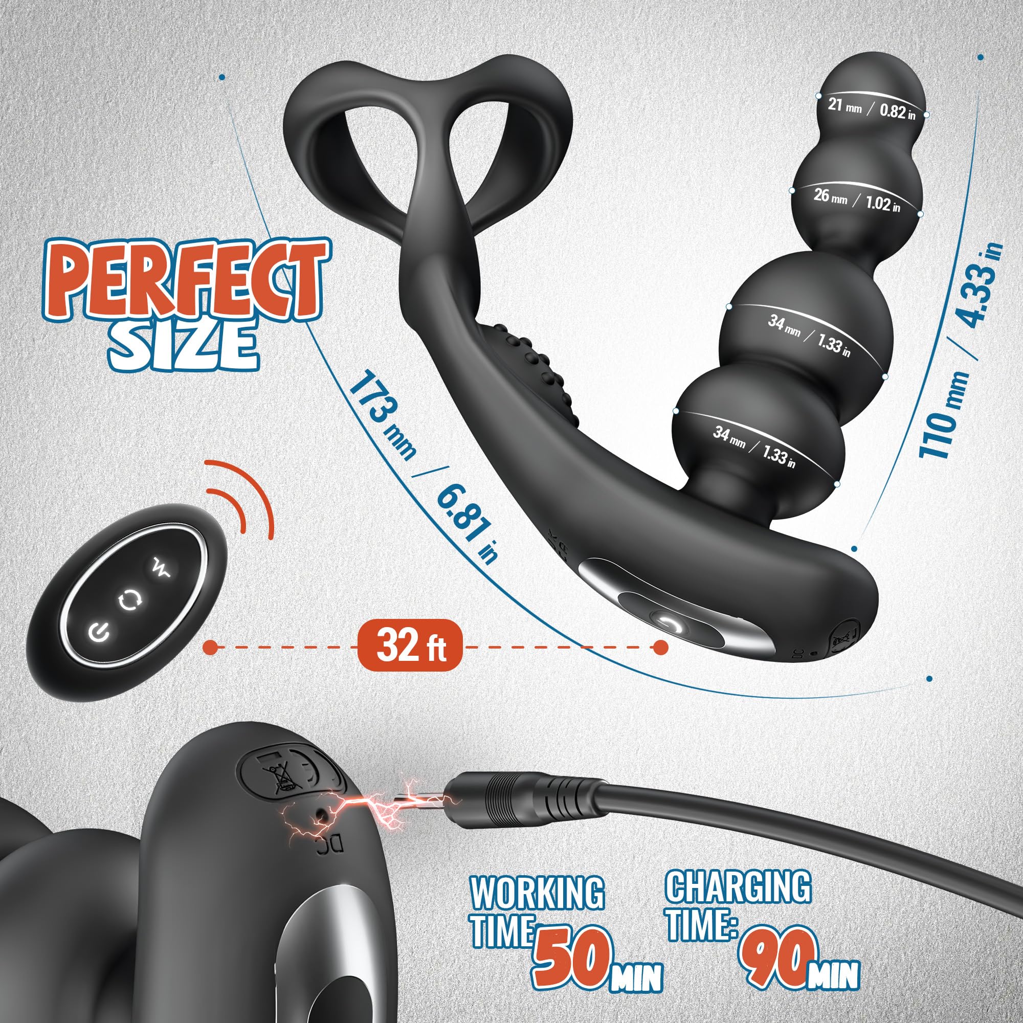 Men's Anal Vibrator with Cock Ring - 3 Rotation & 10 Vibration Modes for Couple Play