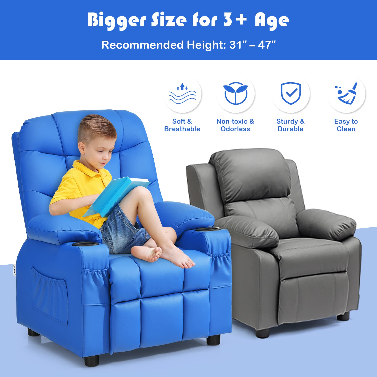 Kids Recliner Chair with 2 Cup Holders & 3 Pockets - Adjustable PU Leather Toddler Sofa for Boys Girls Age 3+ (Blue) - Perfect for Playroom, Bedroom, Movie Nights & Relaxation