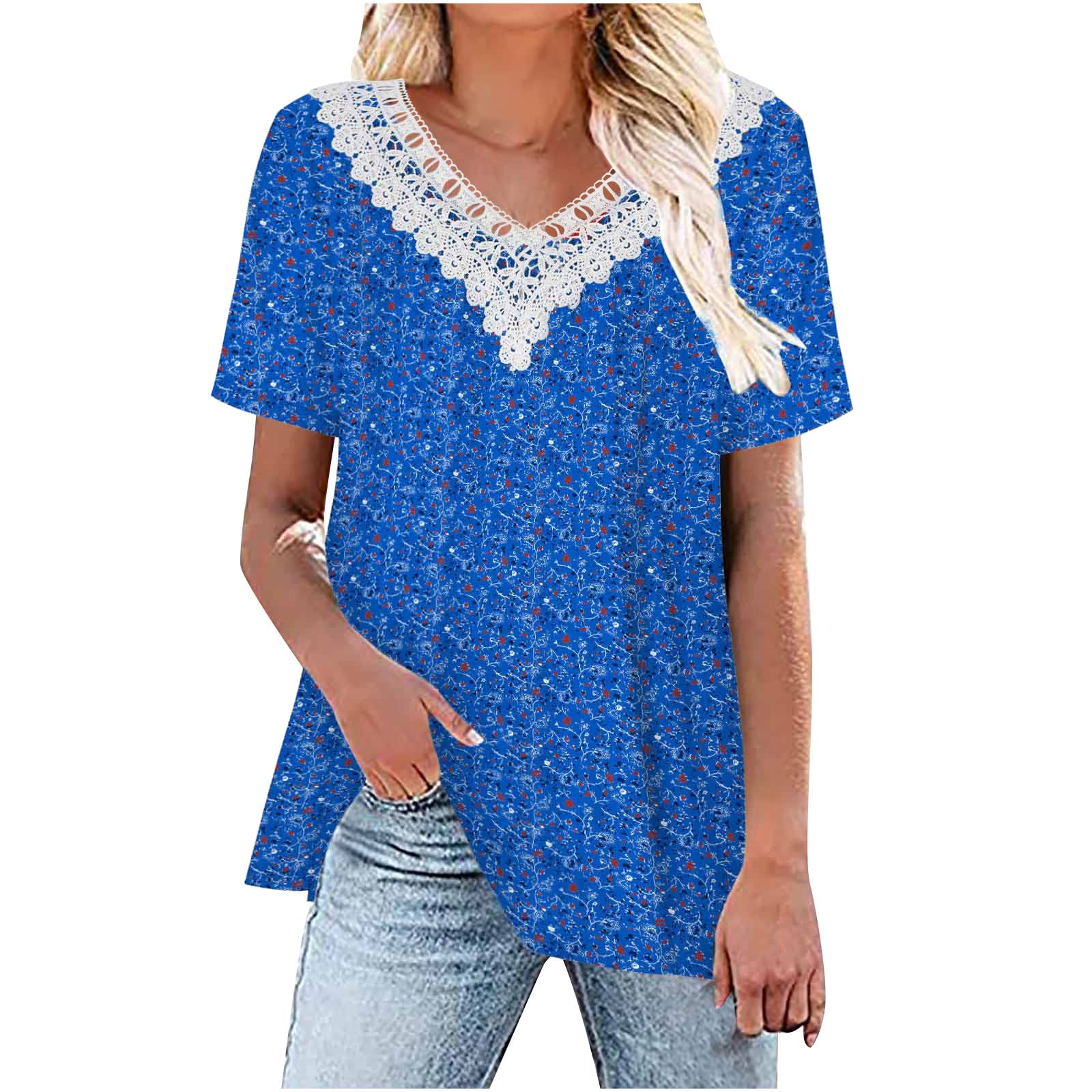 Women's Lace Trim V-Neck Tops 2024 | Dressy Casual Short Sleeve Blouses | Summer Tunic Tees & Cute T-Shirts | Perfect for Office, Date Night & Weekend Outfits