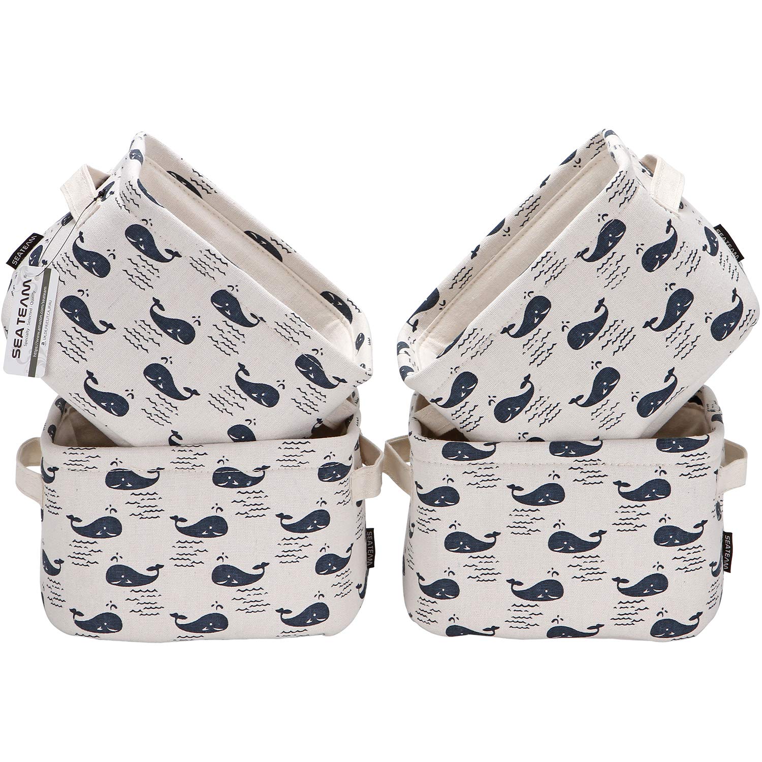 Sea Team Collapsible Square Mini Canvas Storage Bins - Set of 4 (Whale) | Foldable Fabric Organizer Baskets for Nursery, Kids Room, Closet & Office | Space-Saving Home Organization Solution