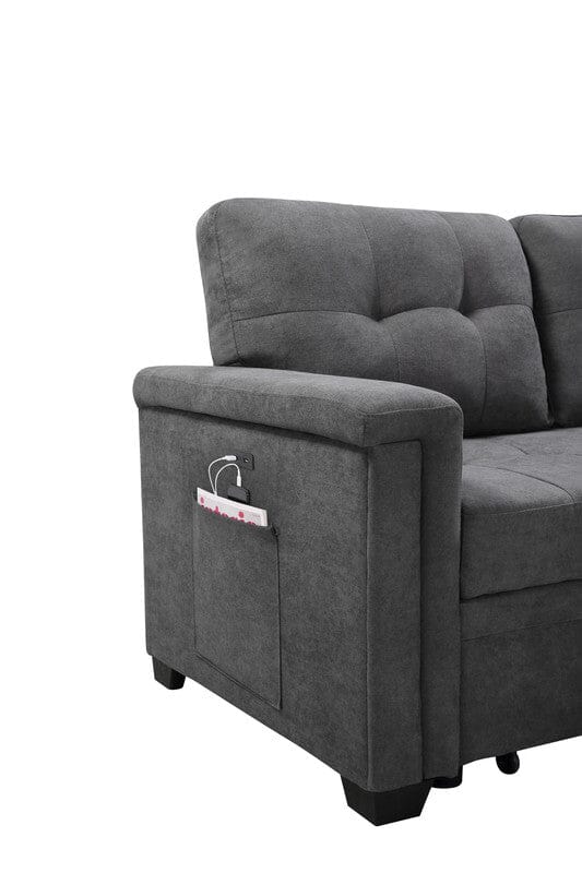 Ashlyn Gray Woven Fabric Sleeper Sectional Sofa with Chaise Lounge, USB Charging Port & Tablet Pocket - Perfect for Living Room, Home Theater & Small Spaces
