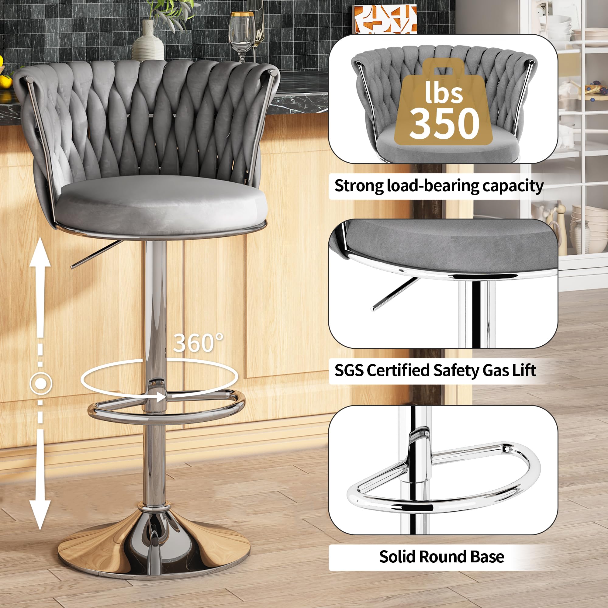 AWQM Velvet Bar Stool Set of 2 - Adjustable Height Swivel Kitchen Island Chairs with Back Support & Footrest, Soft Upholstered Counter Stools for Dining Room, Bar or Home Decor (Grey) - Perfect for Breakfast Nooks, Kitchen Islands and Entertaining Guests