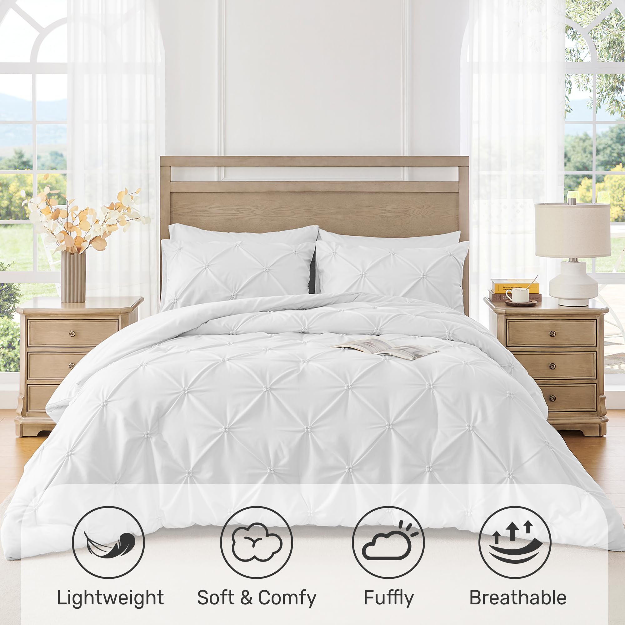 UNIKOME Queen Comforter Set - Soft Pintuck Down Alternative Bedding Set for All Seasons, 3 Piece Pinch Pleat Solid White Bedding with Comforter & 2 Pillow Shams | Luxury Bedroom Decor for Master Bedroom, Guest Room & Dorm