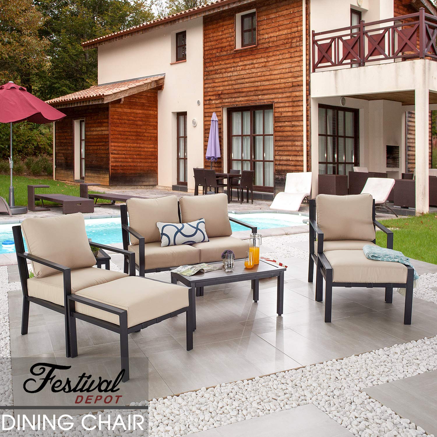 **Festival Depot Outdoor Patio Dining Armchair - All-Weather Metal Frame with Thick Cushions - Perfect for Bistro, Garden, Poolside & Backyard - 28.3