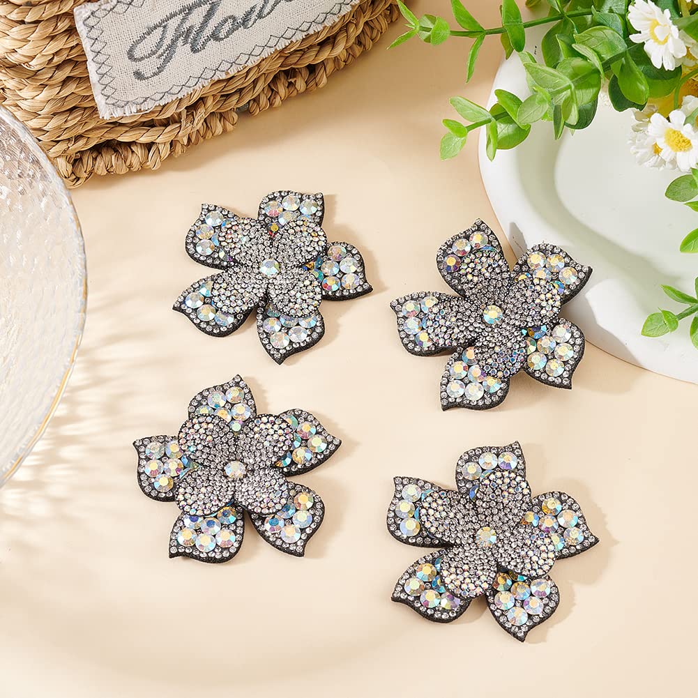 FINGERINSPIRE 4 Pack Flower Crystal Rhinestone Sew On Patches - 2.6x2.6 Inch AB Color Sparkling Appliques for DIY Clothing, Jeans, Jackets, Bags & Shoes | Perfect for Embellishing Denim, Evening Wear & Accessories