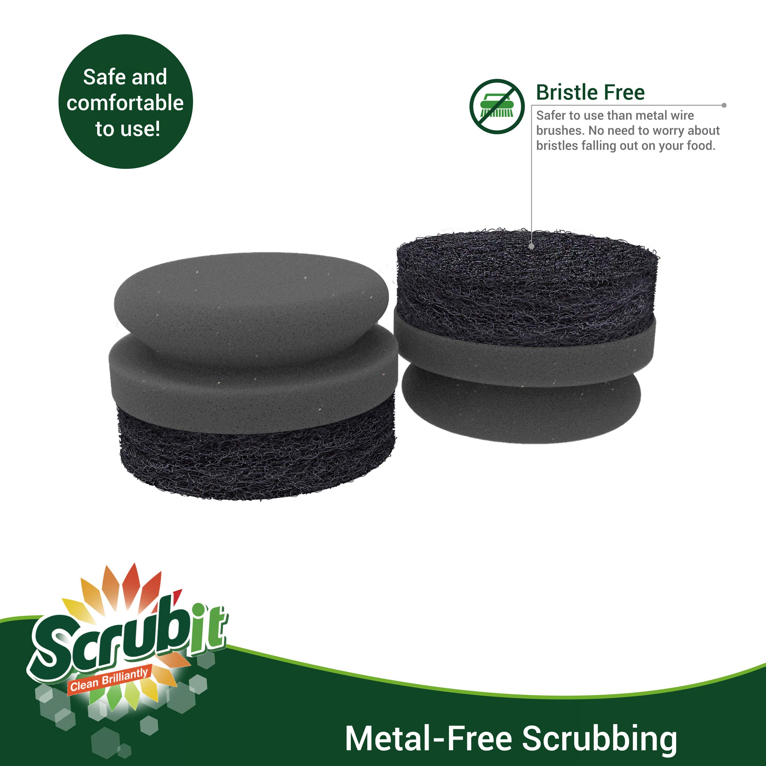 SCRUBIT Grill Cleaning Brush - Heavy Duty BBQ Scrubber with Non-Scratch Sponge & Cast Iron Safe Scraper - Perfect for Gas, Charcoal Grills & Griddles - Outdoor Cooking & Backyard BBQ Accessories (2 Pack)