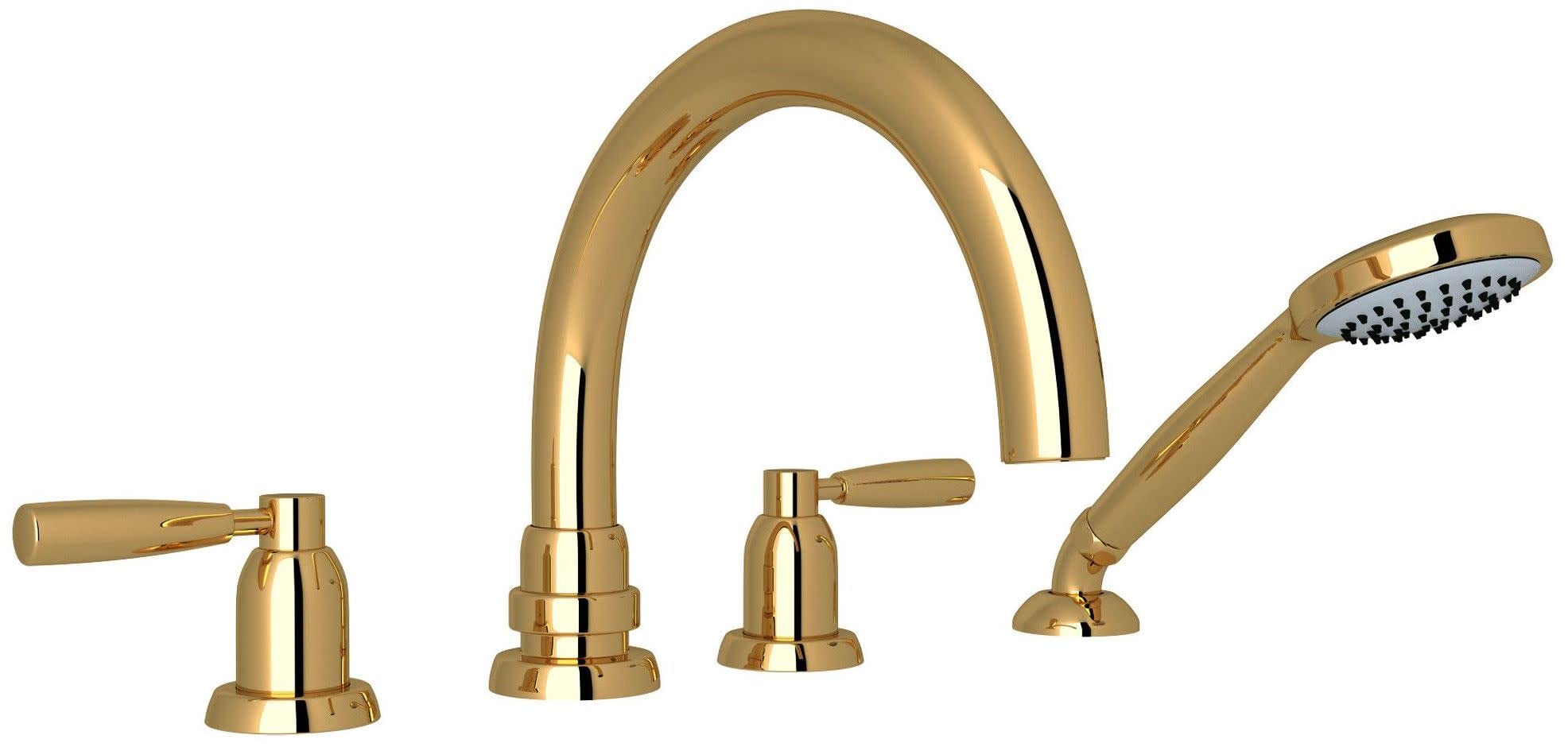 Holborn 4-Hole Deck Mount Tub Filler with C-Spout in Unlacquered Brass - Vintage Style Bathroom Faucet for Freestanding & Clawfoot Tubs