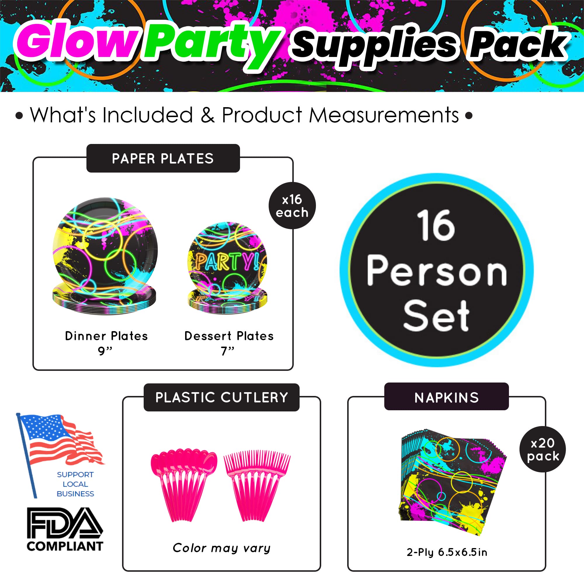Blue Orchards Glow Party Supplies Pack for 16 Guests - Neon Plates, Blacklight Party Decorations & Birthday Party Essentials | Perfect for Neon Themed Birthday Parties, Rave Events & Glow-in-the-Dark Celebrations