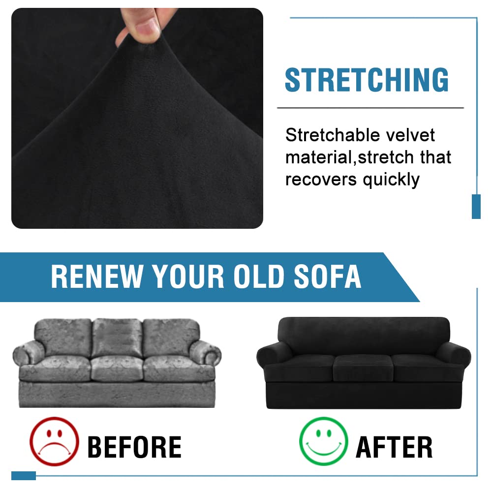 H.VERSAILTEX 4-Piece Velvet Stretch Sofa Slipcover Set - Washable T Cushion Covers for 3-Seater Couch, Furniture Protector (Black) | Perfect for Living Room, Family Room & Home Decor Protection