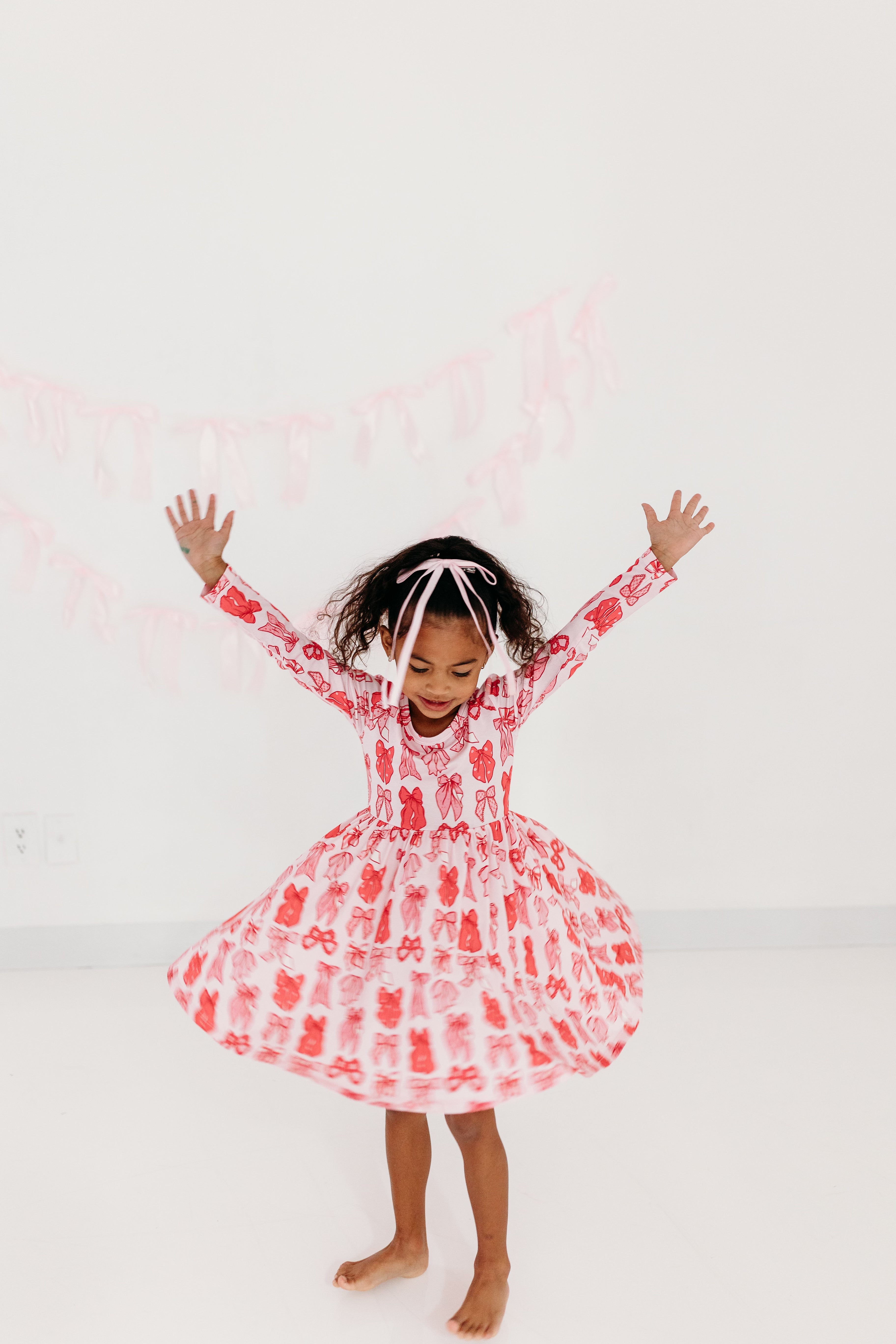 Valentine's Bow Long Sleeve Twirl Dress for Girls - Elegant Party Dress for Valentine's Day, Birthday, Photo Shoot & Special Occasions