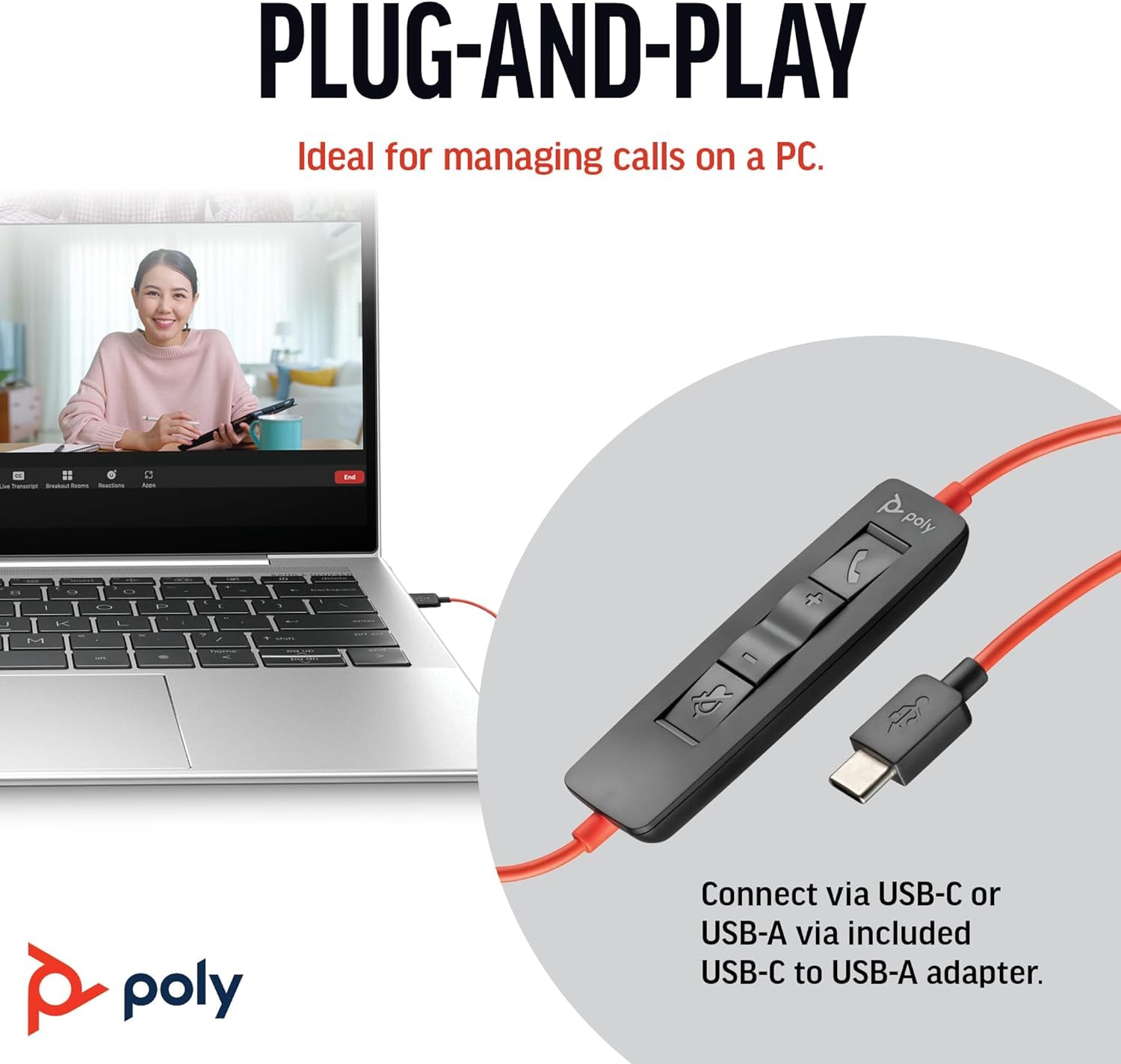 Poly BLACKWIRE 3320 USB-C to USB-A Adapter - High-Speed Data Transfer for Laptops & Mobile Devices - Perfect for Home Office, Remote Work & Business Meetings