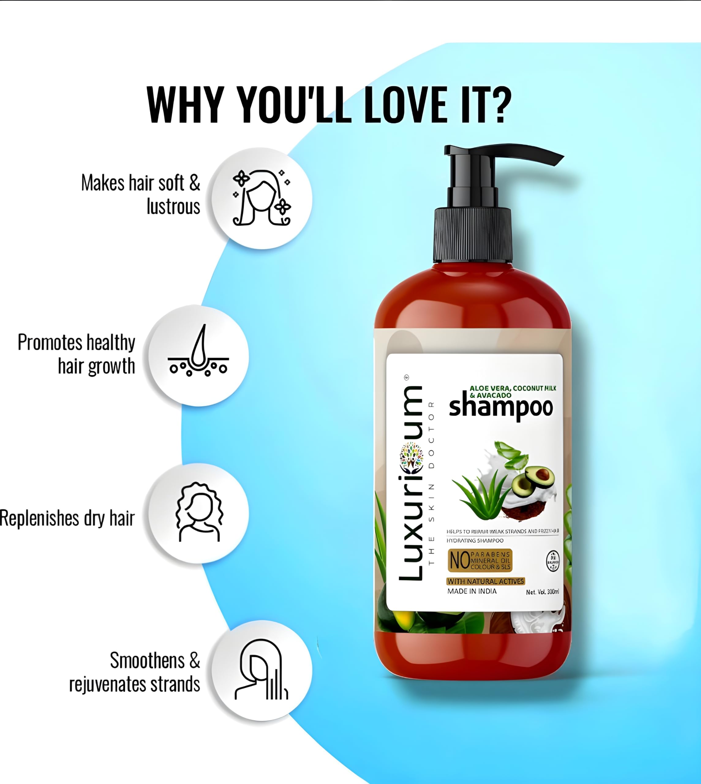 LUXURIOUM Aloe Vera, Coconut Milk & Avocado Shampoo for Curly, Wavy, Frizzy Hair - Intense Moisturizing Shampoo with Vitamin E, 300ml - 24H Hydration, Nourishes & Strengthens Hair - Perfect for Dry, Damaged Hair Care & Daily Hydration